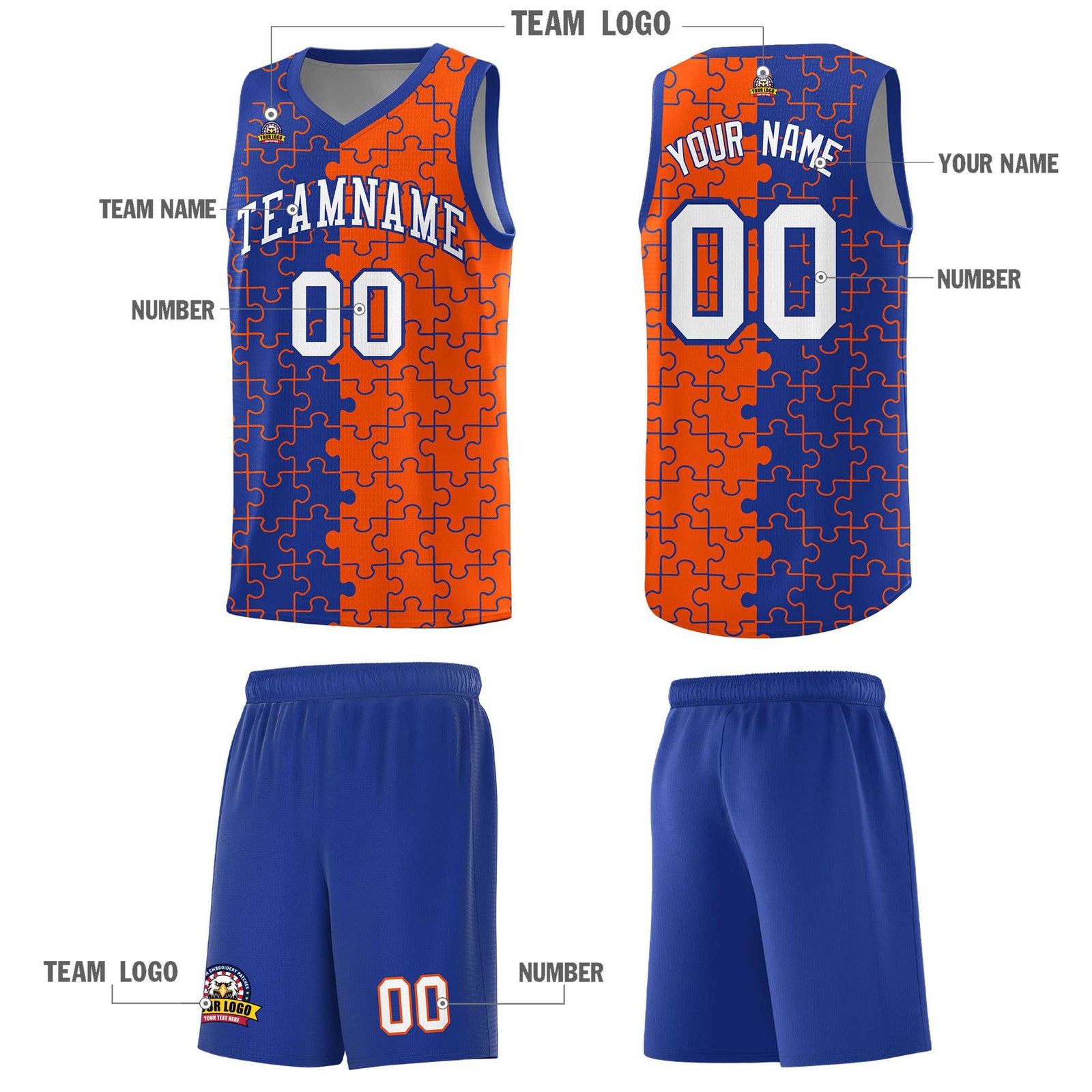 Custom Royal Orange Splid Basketball Kits With Puzzle Pattern