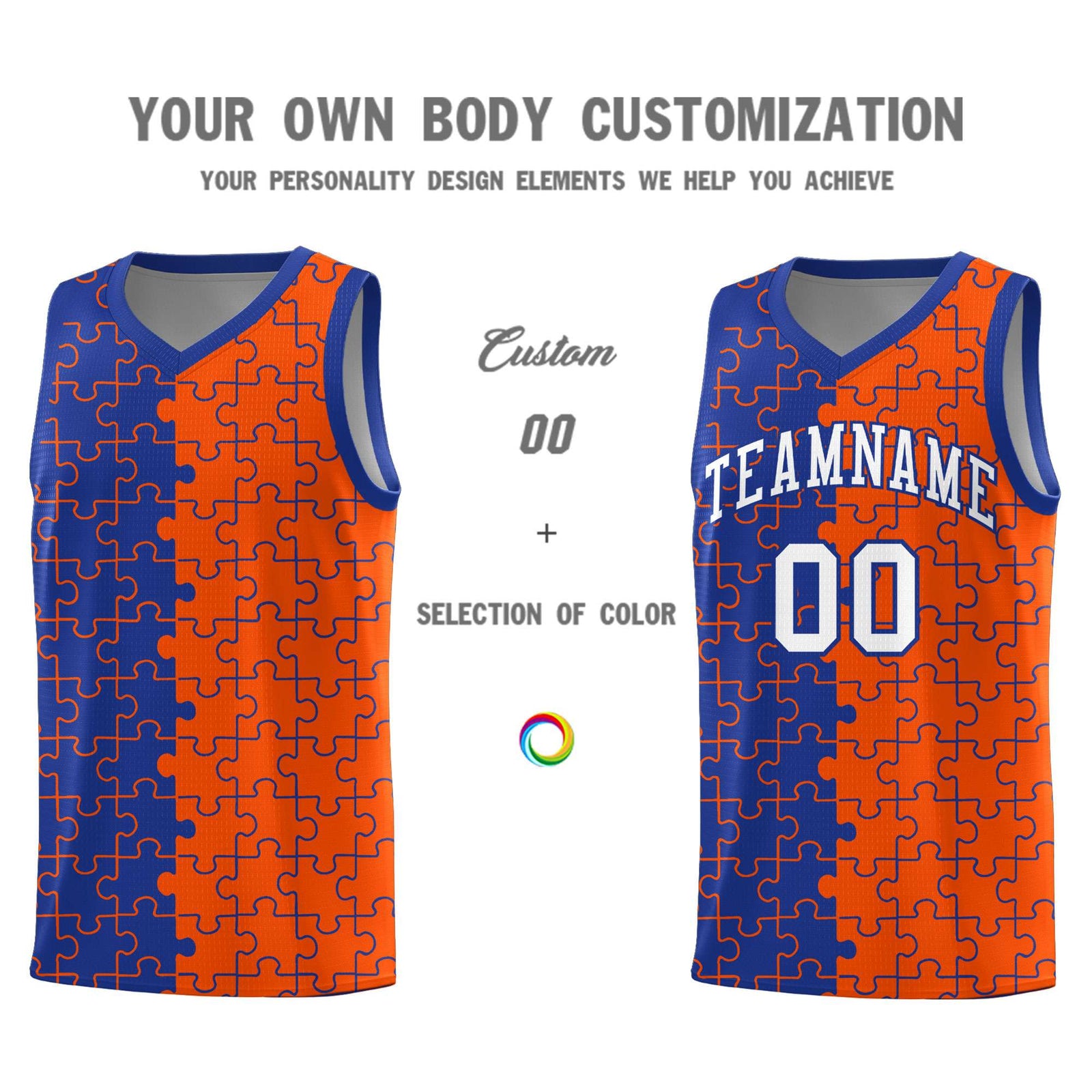 Custom Royal Orange Splid Basketball Kits With Puzzle Pattern