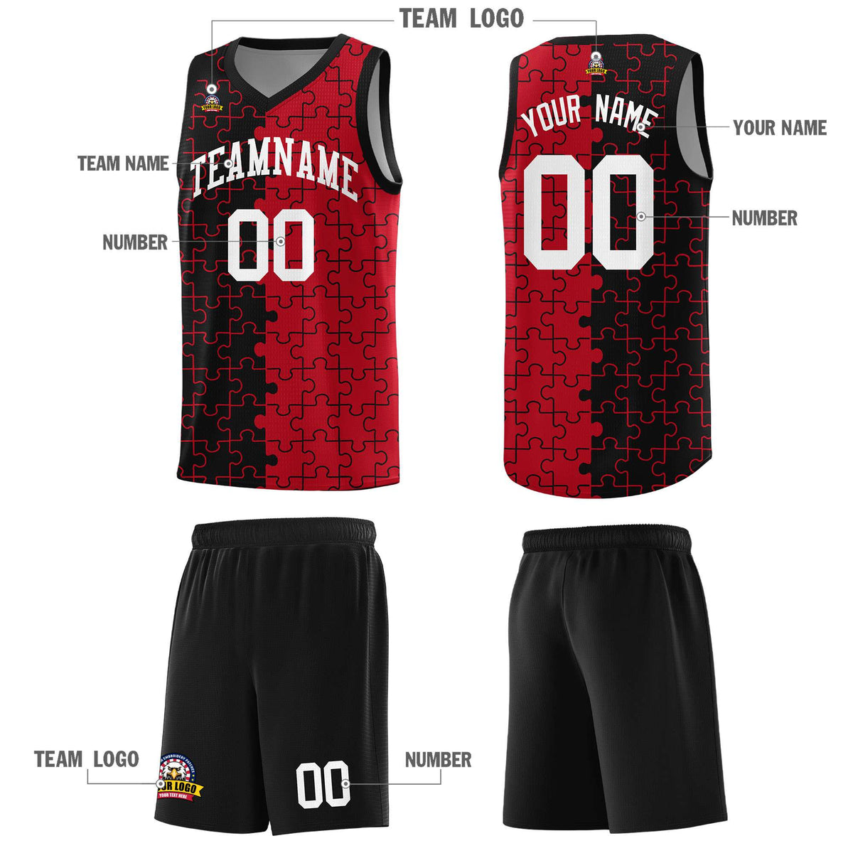 Custom Black Red Splid Basketball Kits With Puzzle Pattern