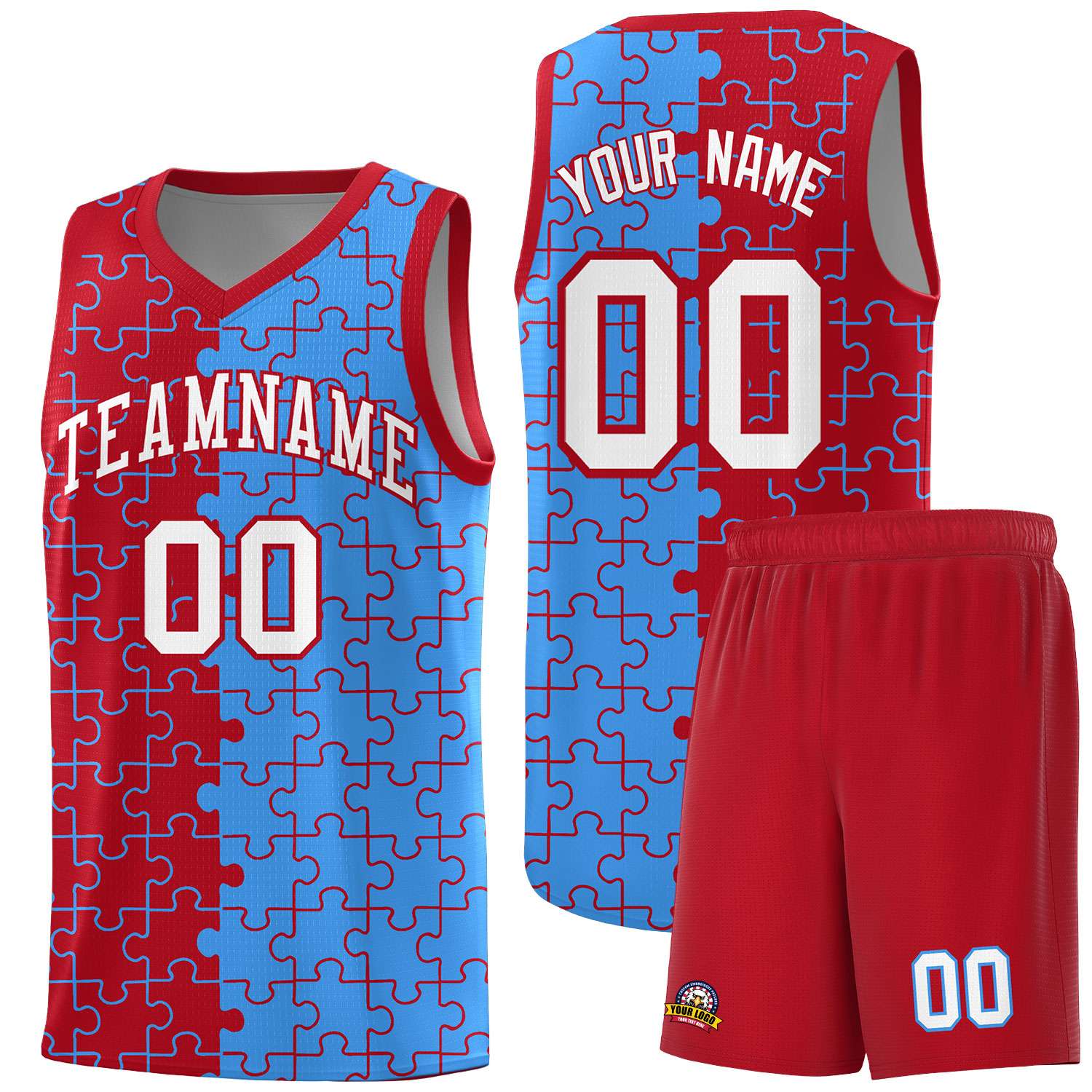 Custom Red Light Blue Splid Basketball Kits With Puzzle Pattern