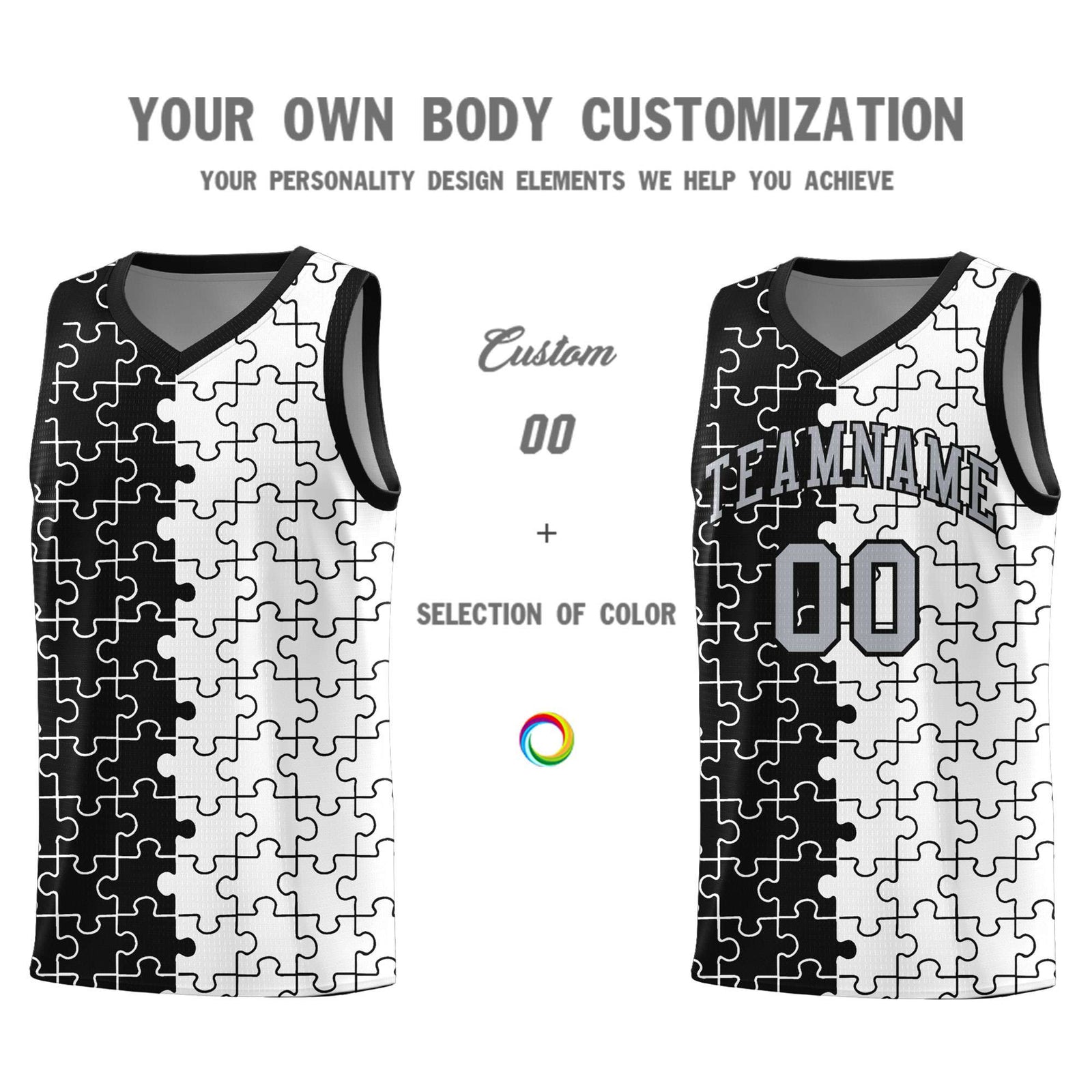 Custom Black White Splid Basketball Kits With Puzzle Pattern