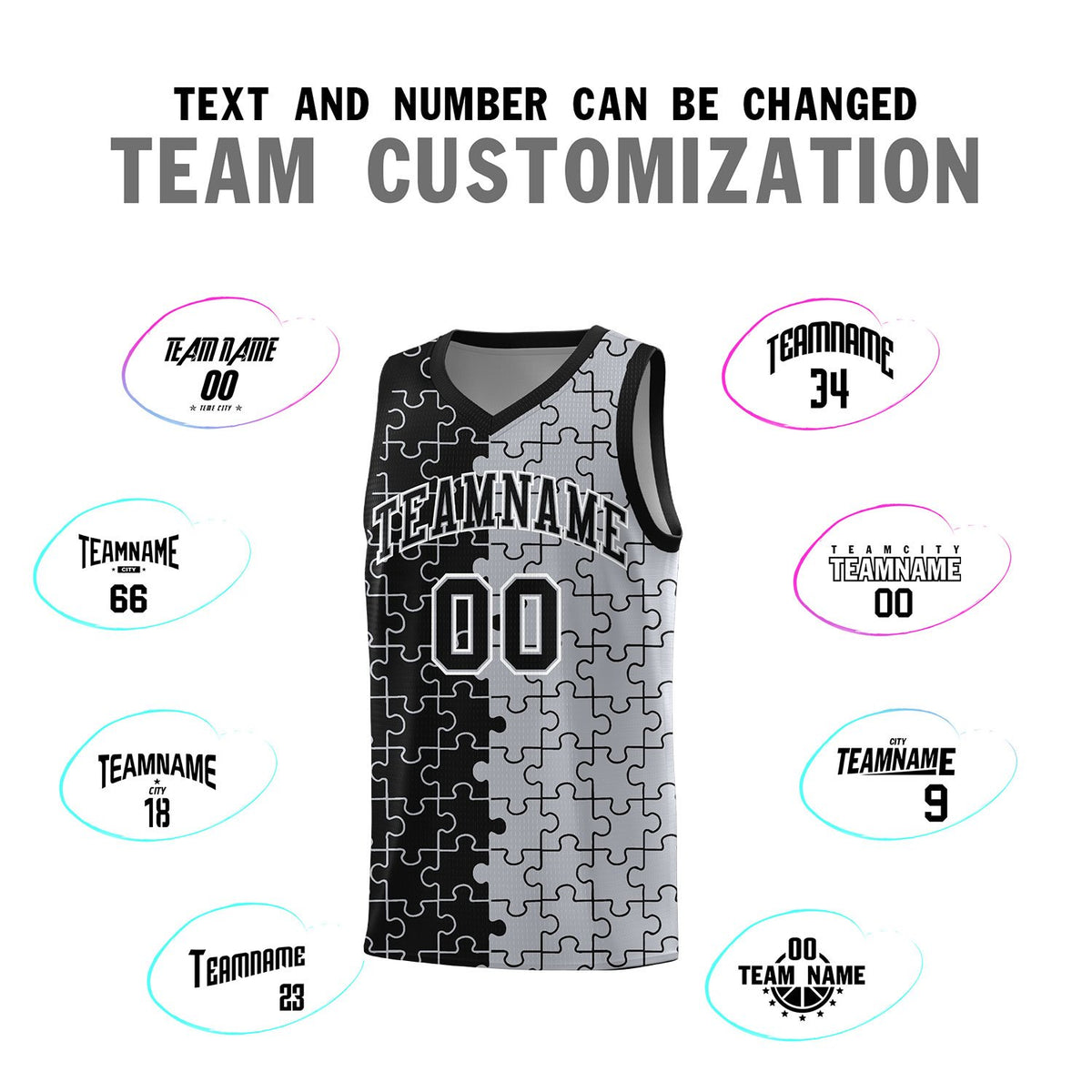 Custom Black Gray Splid Basketball Kits With Puzzle Pattern