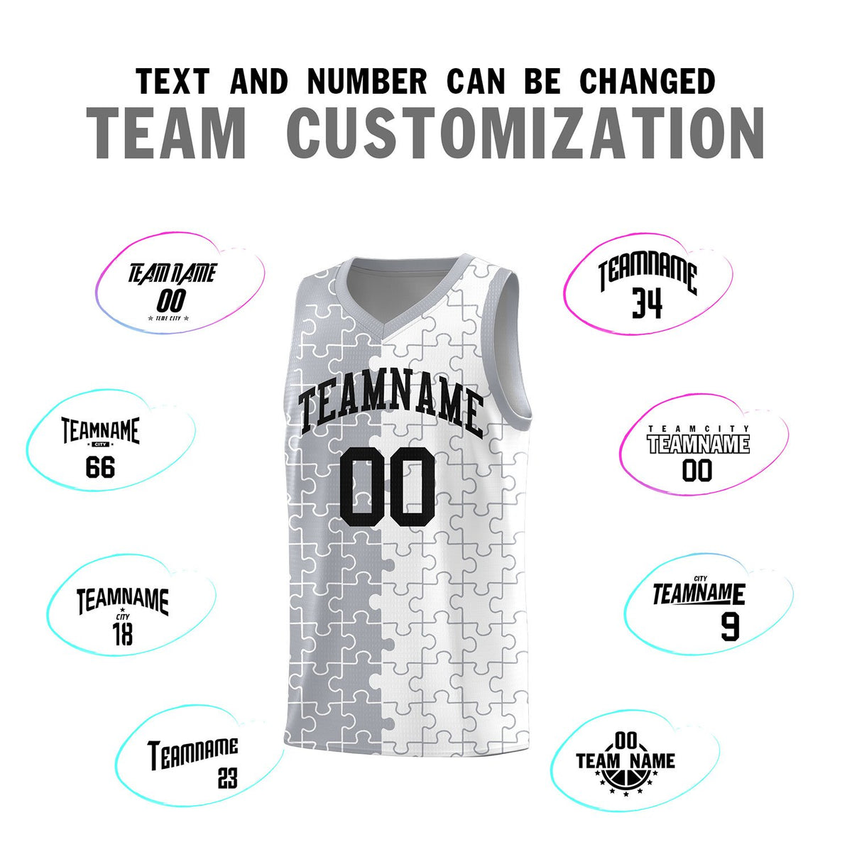 Custom Gray White Splid Basketball Kits With Puzzle Pattern
