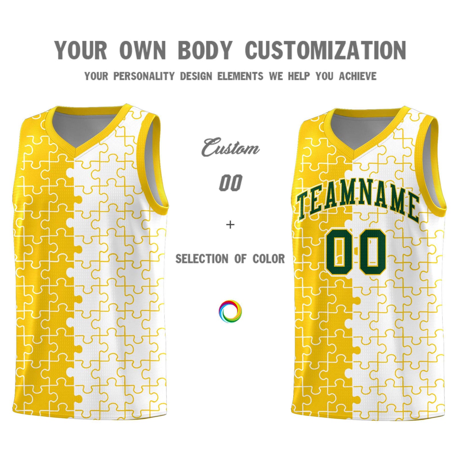 Custom Gold White Splid Basketball Kits With Puzzle Pattern