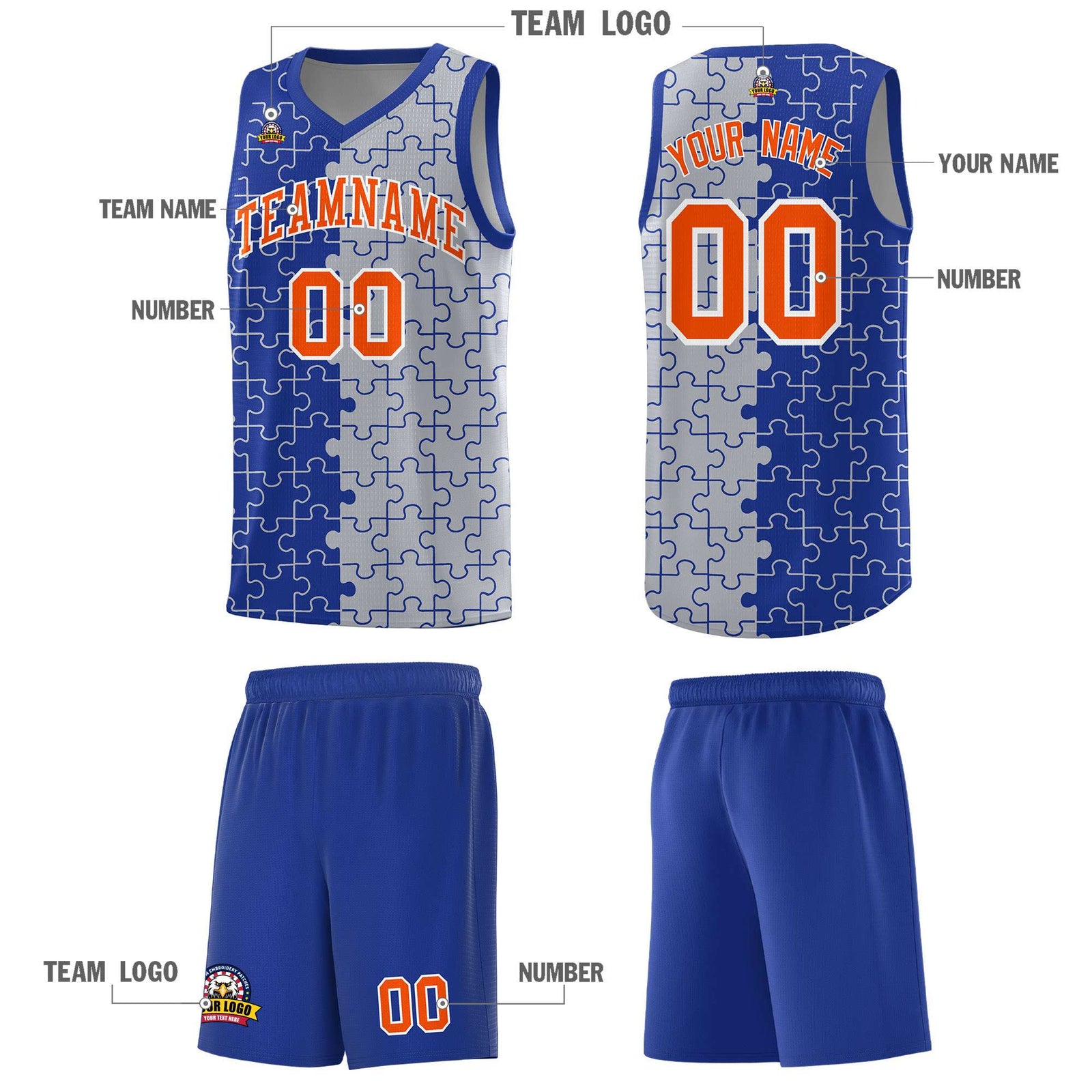 Custom Royal Gray Splid Basketball Kits With Puzzle Pattern