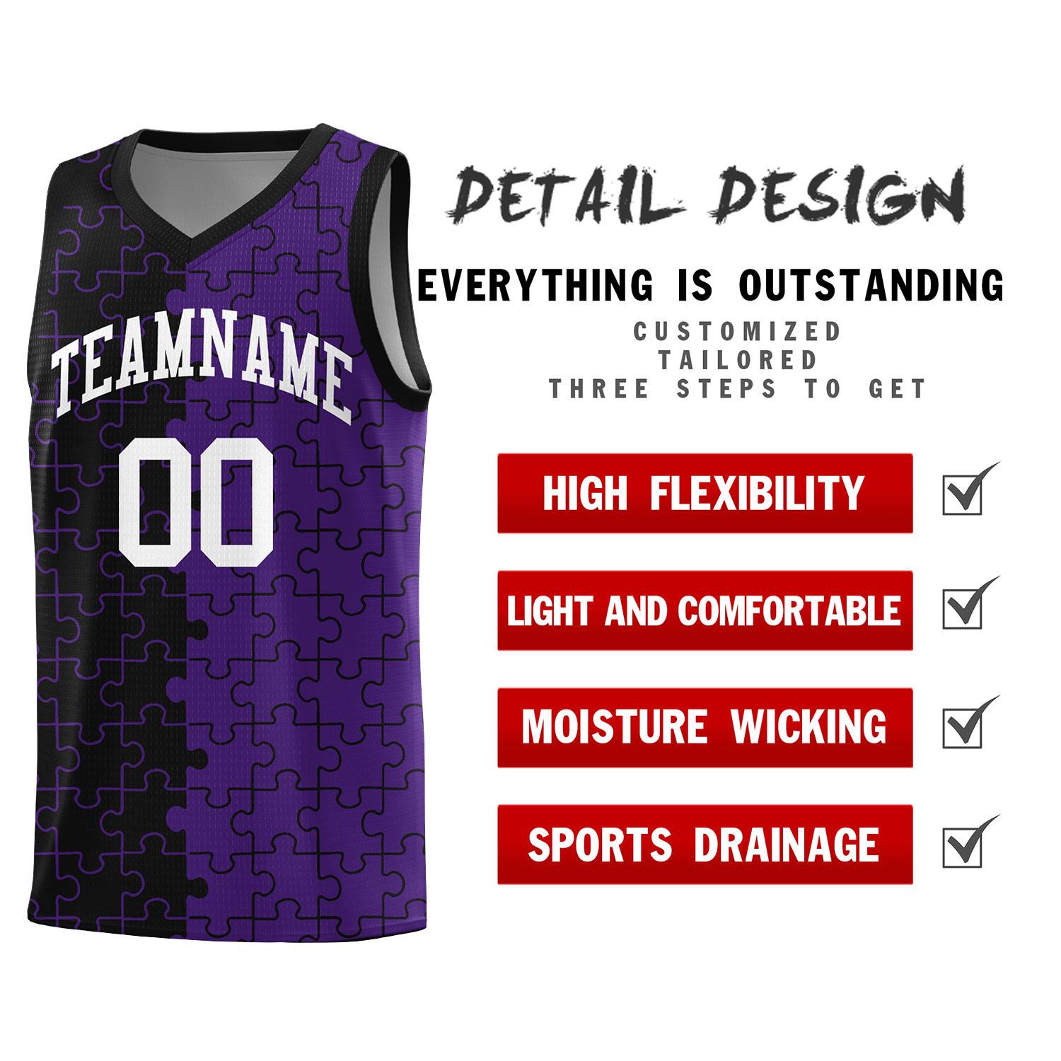 Custom Black Purple Splid Basketball Kits With Puzzle Pattern