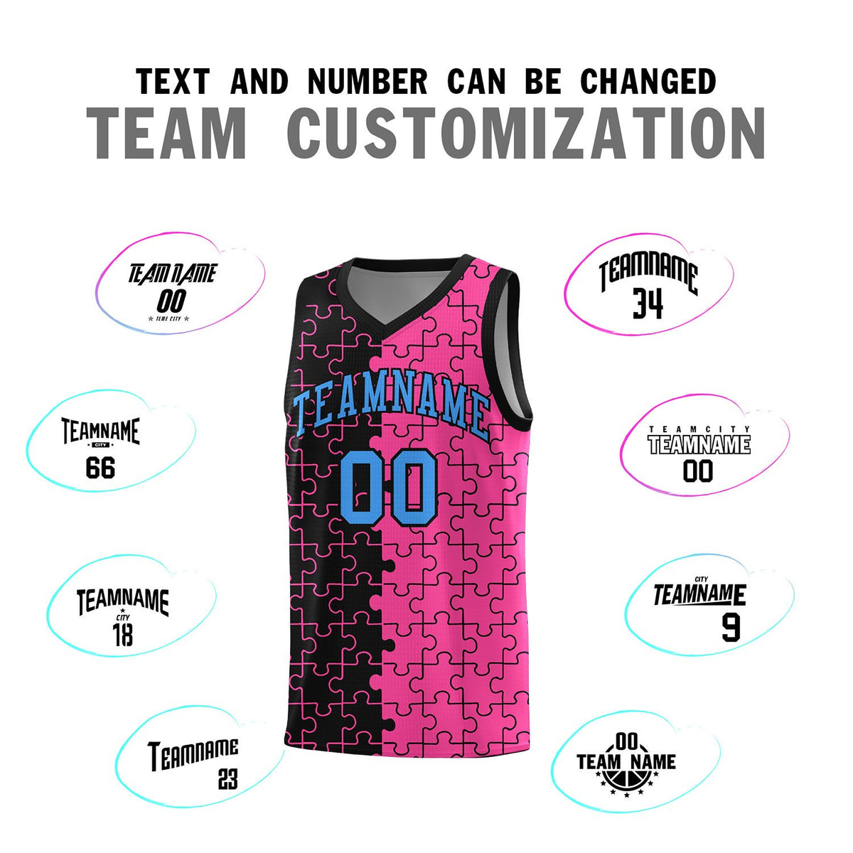 Custom Black Pink Splid Basketball Kits With Puzzle Pattern