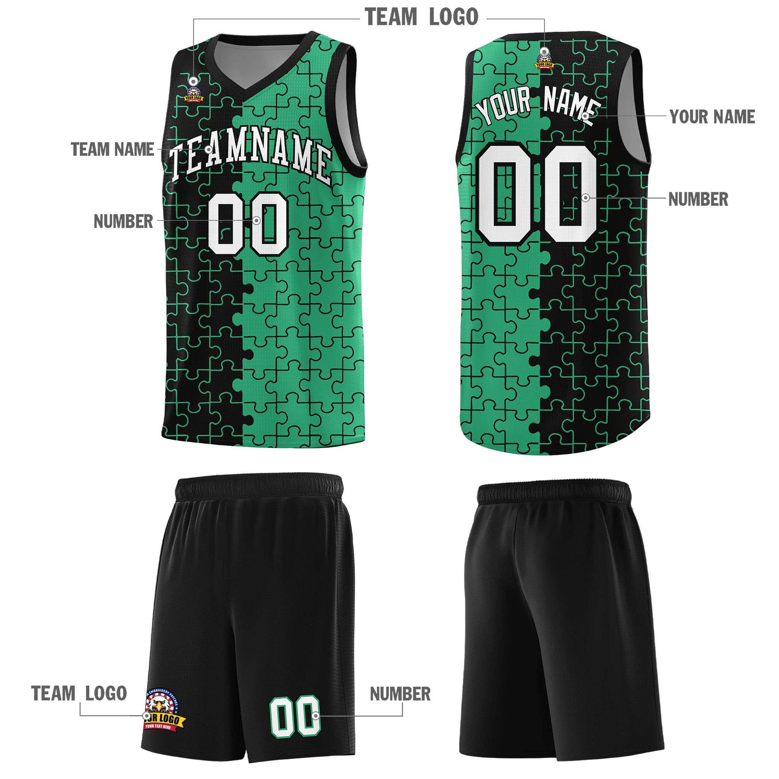 Custom Black Green Splid Basketball Kits With Puzzle Pattern