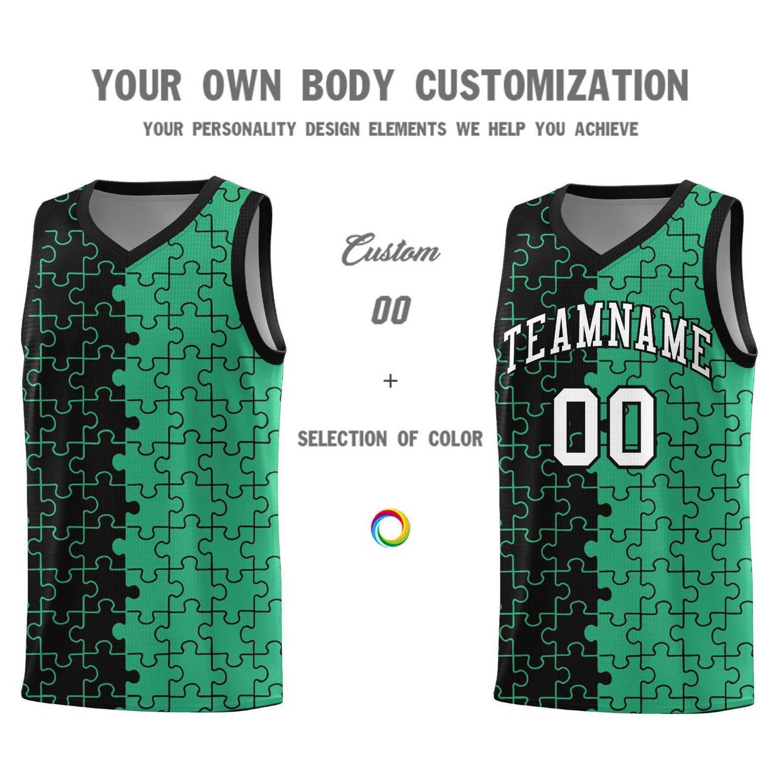 Custom Black Green Splid Basketball Kits With Puzzle Pattern