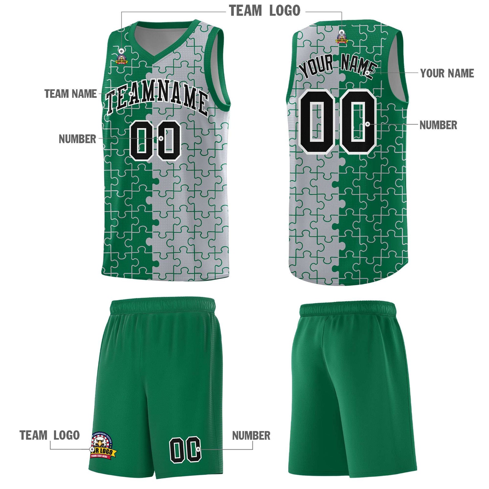 Custom Kelly Green Gray Splid Basketball Kits With Puzzle Pattern