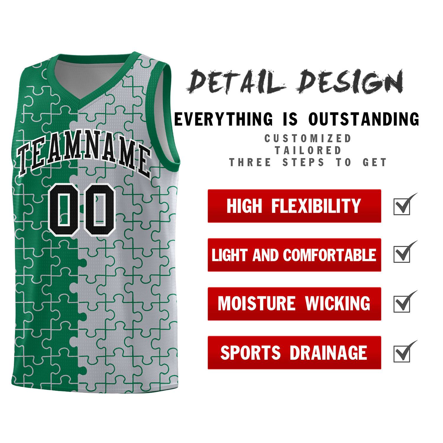 Custom Kelly Green Gray Splid Basketball Kits With Puzzle Pattern