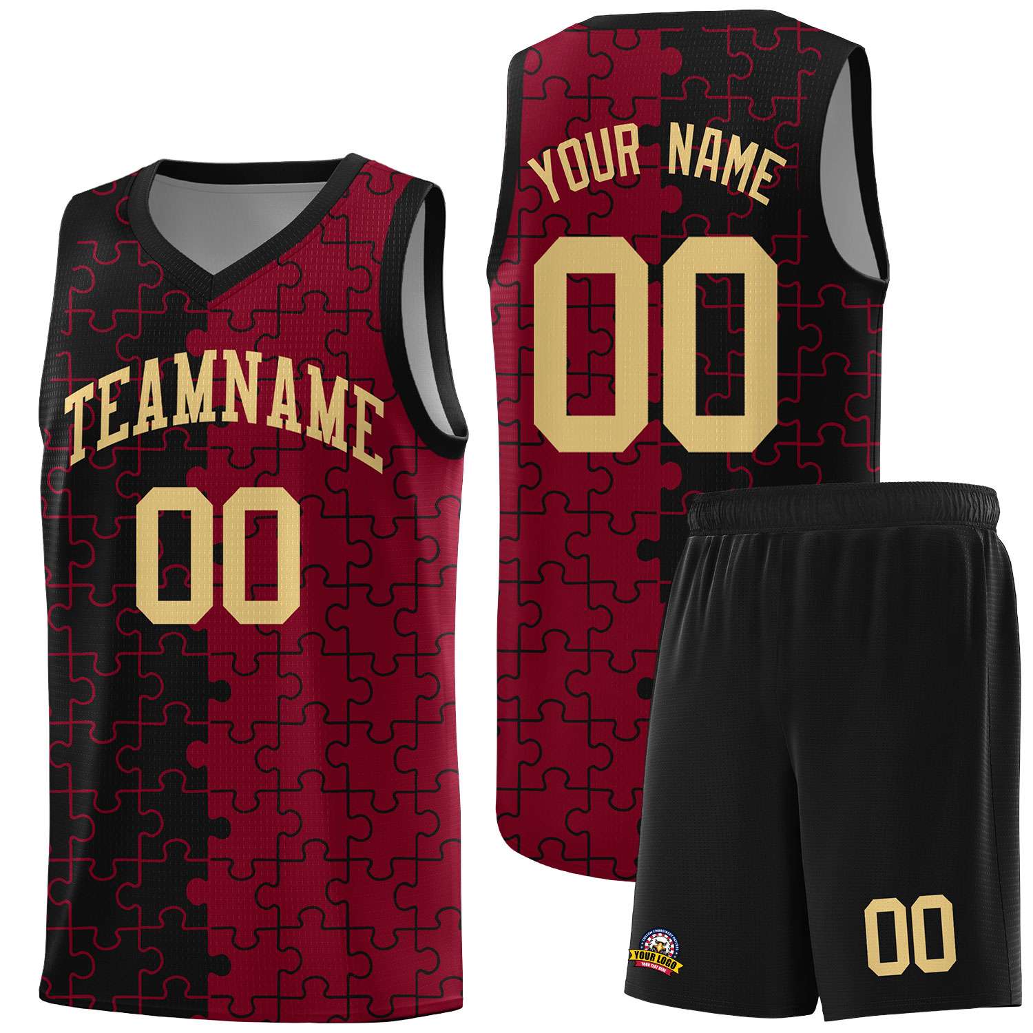Custom Black Crimson Splid Basketball Kits With Puzzle Pattern