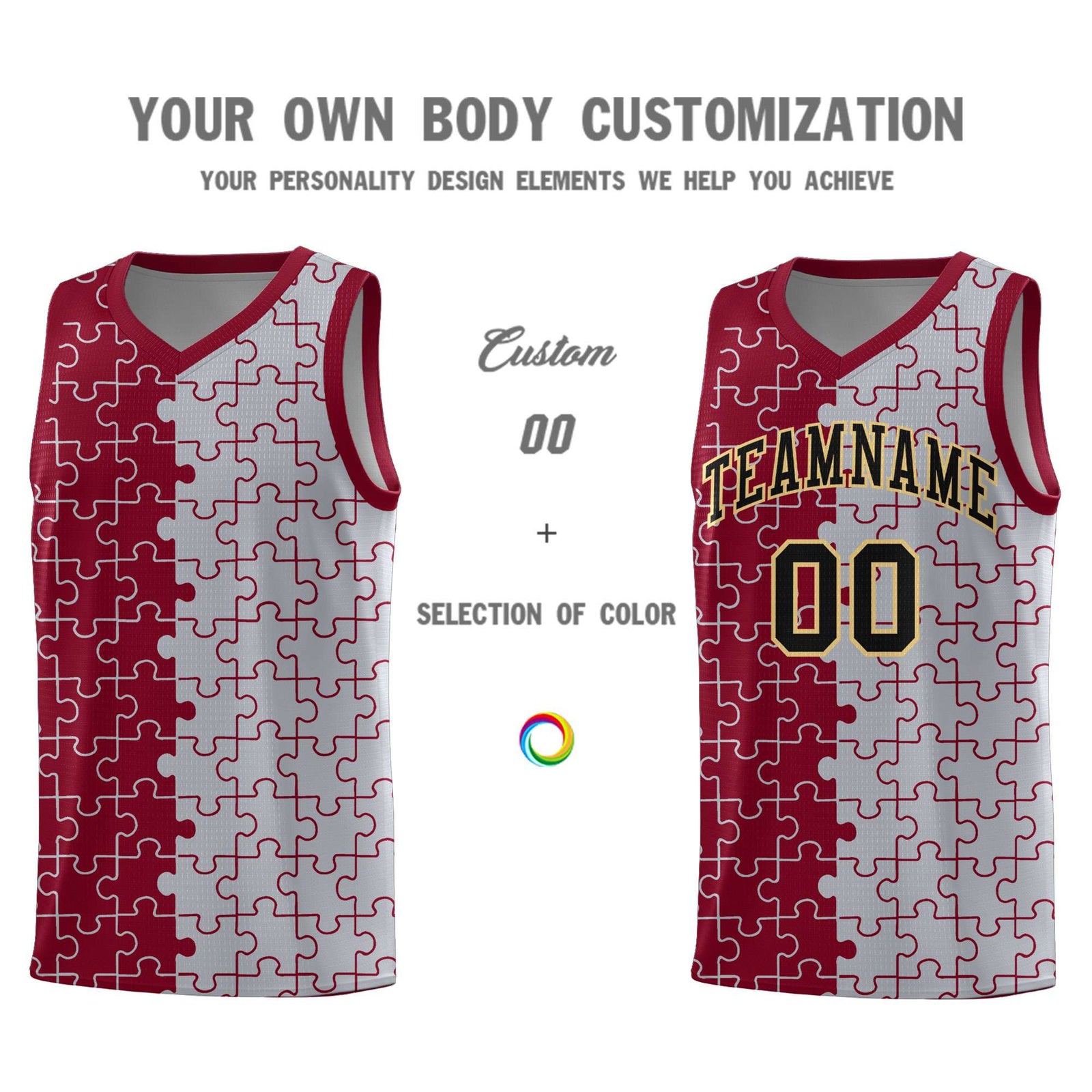 Custom Crimson Gray Splid Basketball Kits With Puzzle Pattern