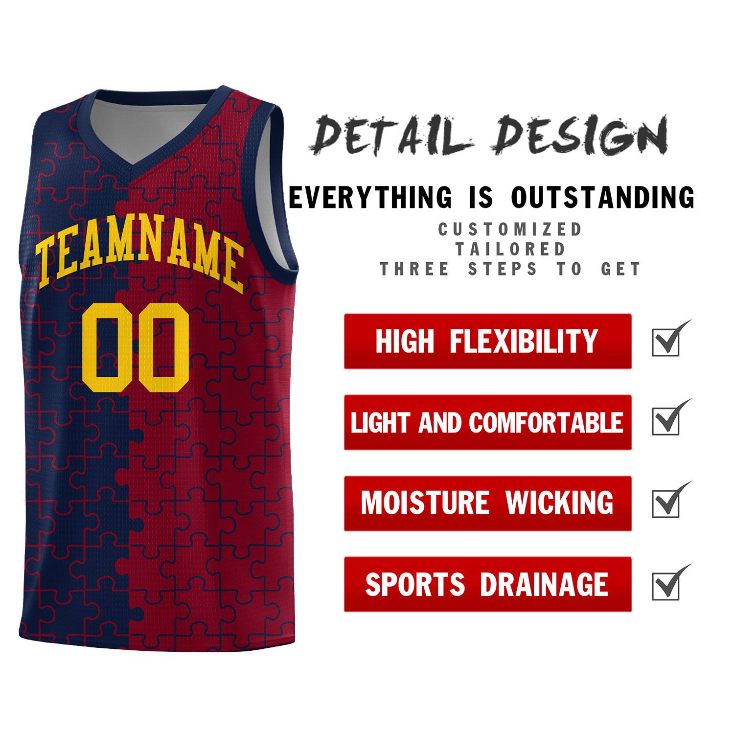 Custom Navy Crimson Splid Basketball Kits With Puzzle Pattern