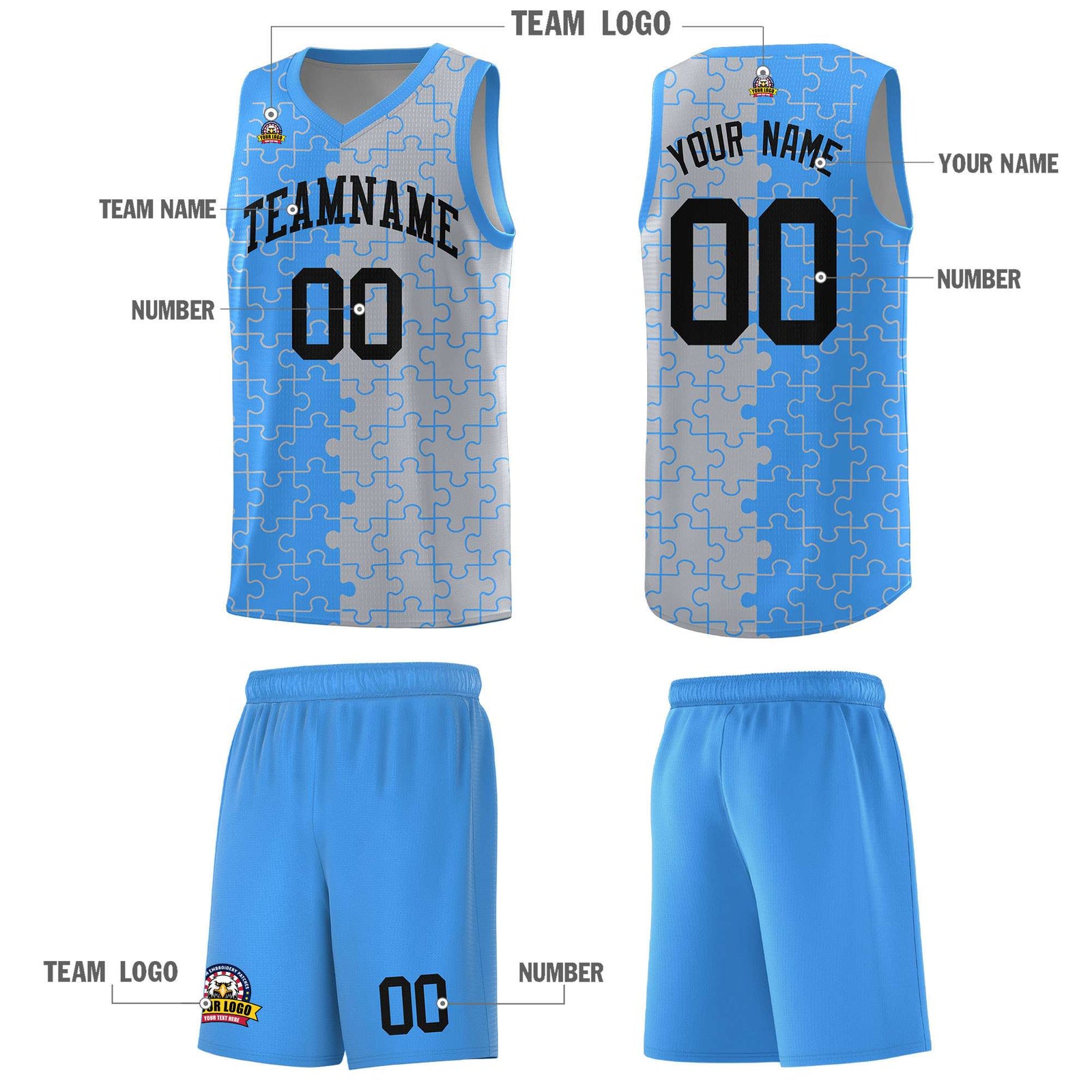 Custom Light Blue Gray Splid Basketball Kits With Puzzle Pattern