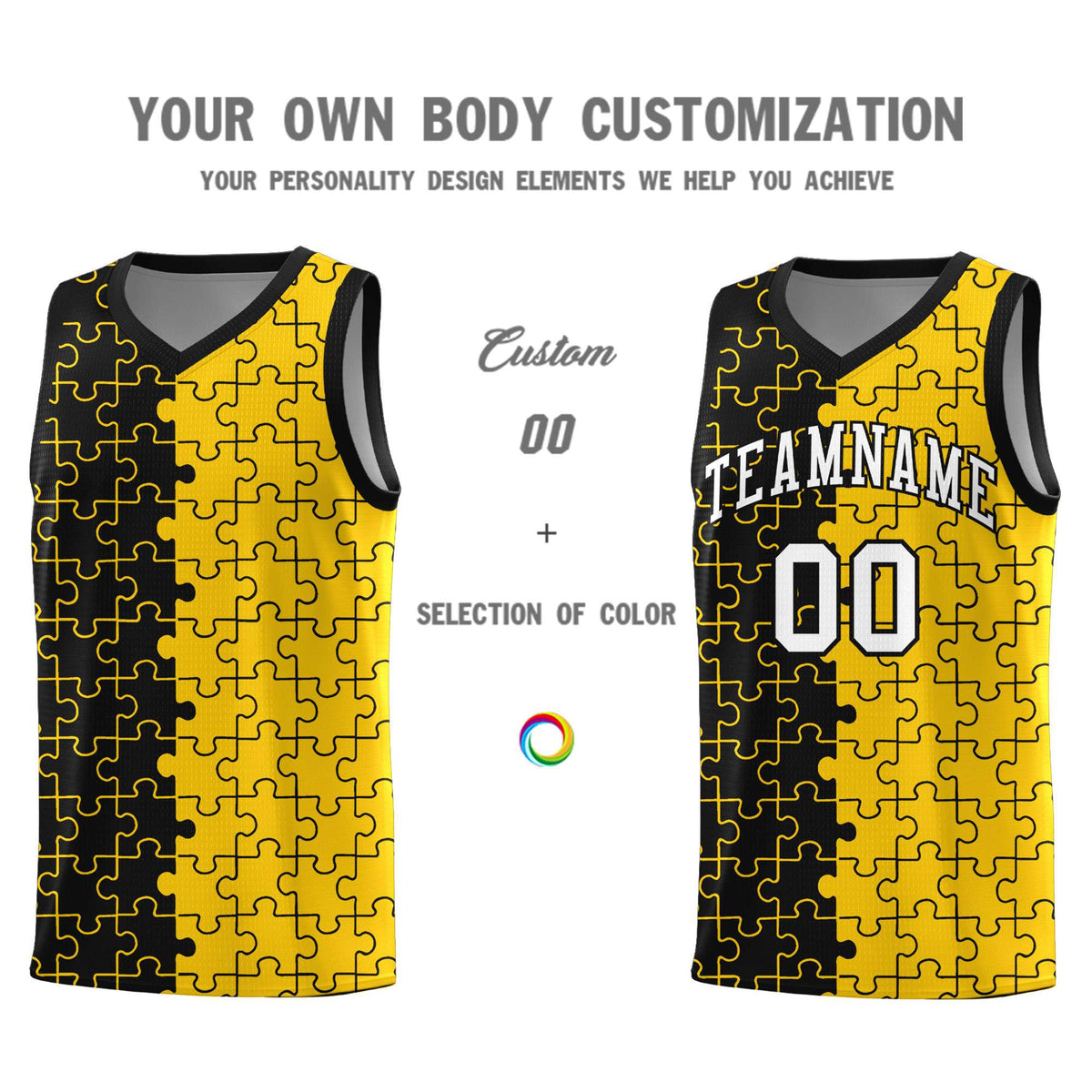 Custom Black Gold Splid Basketball Kits With Puzzle Pattern