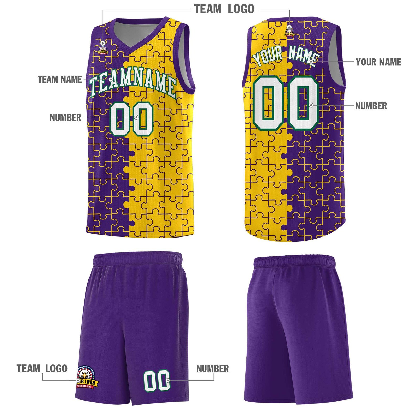 Custom Purple Gold Splid Basketball Kits With Puzzle Pattern
