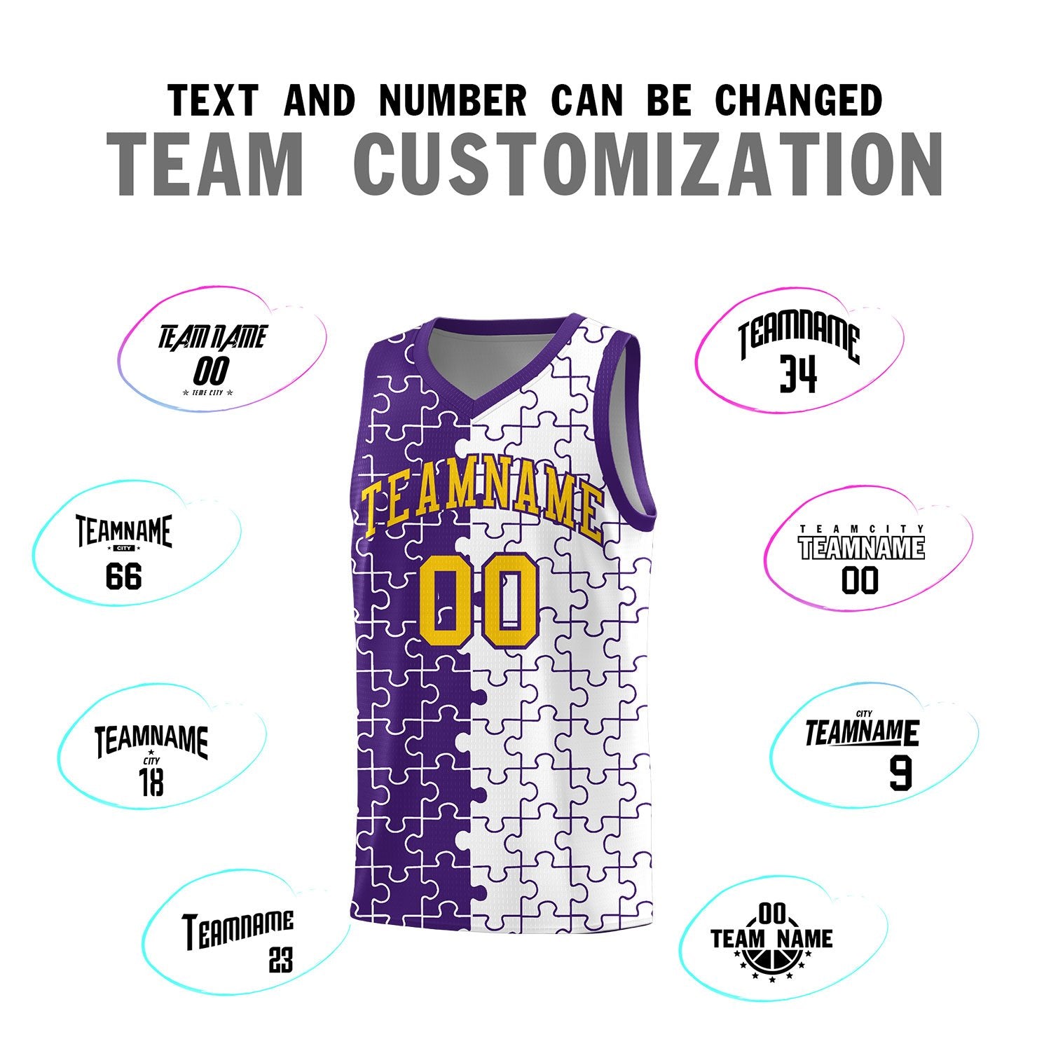 Custom Purple White Splid Basketball Kits With Puzzle Pattern