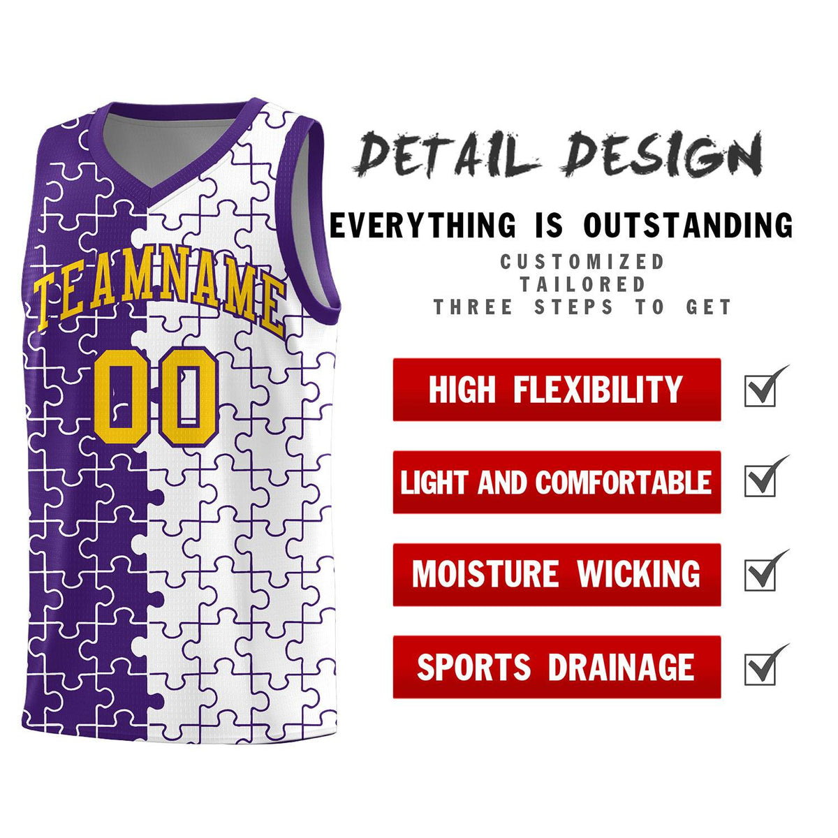 Custom Purple White Splid Basketball Kits With Puzzle Pattern