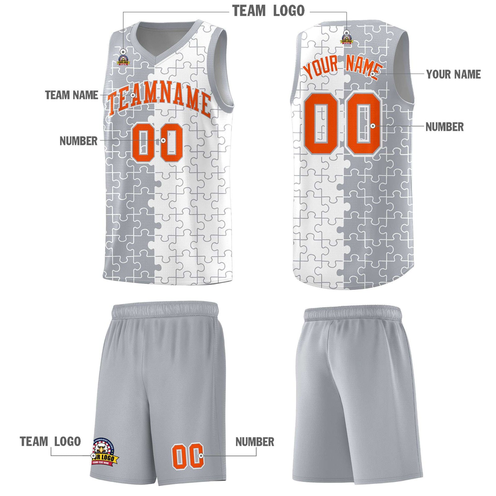 Custom Gray White Splid Basketball Kits With Puzzle Pattern
