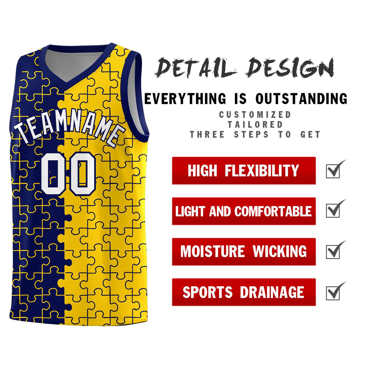 Custom Navy Gold Splid Basketball Kits With Puzzle Pattern