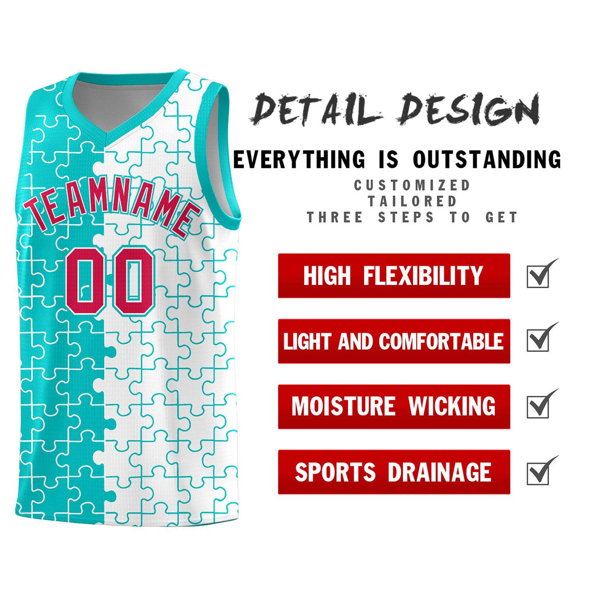 Custom Aqua White Splid Basketball Kits With Puzzle Pattern