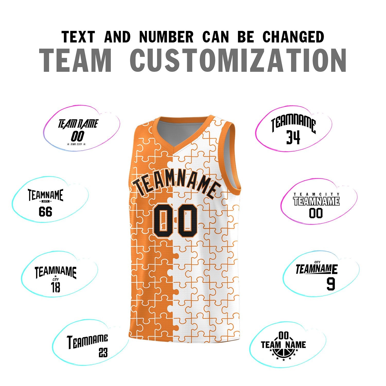 Custom Gold Orange White Splid Basketball Kits With Puzzle Pattern