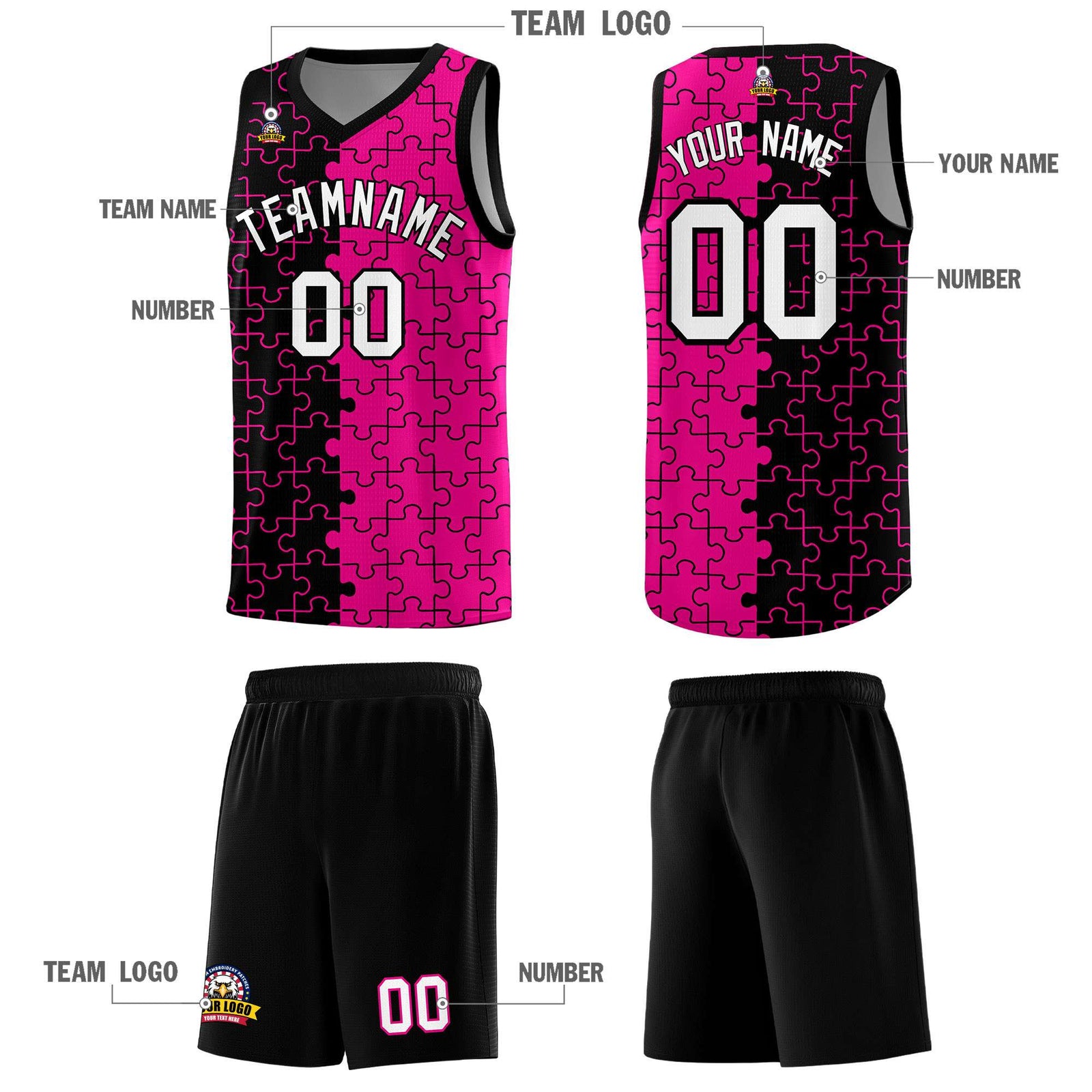 Custom Black Rose Red Splid Basketball Kits With Puzzle Pattern