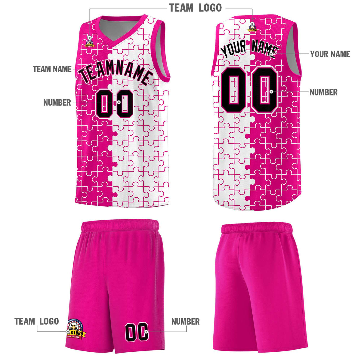 Custom Rose Red White Splid Basketball Kits With Puzzle Pattern