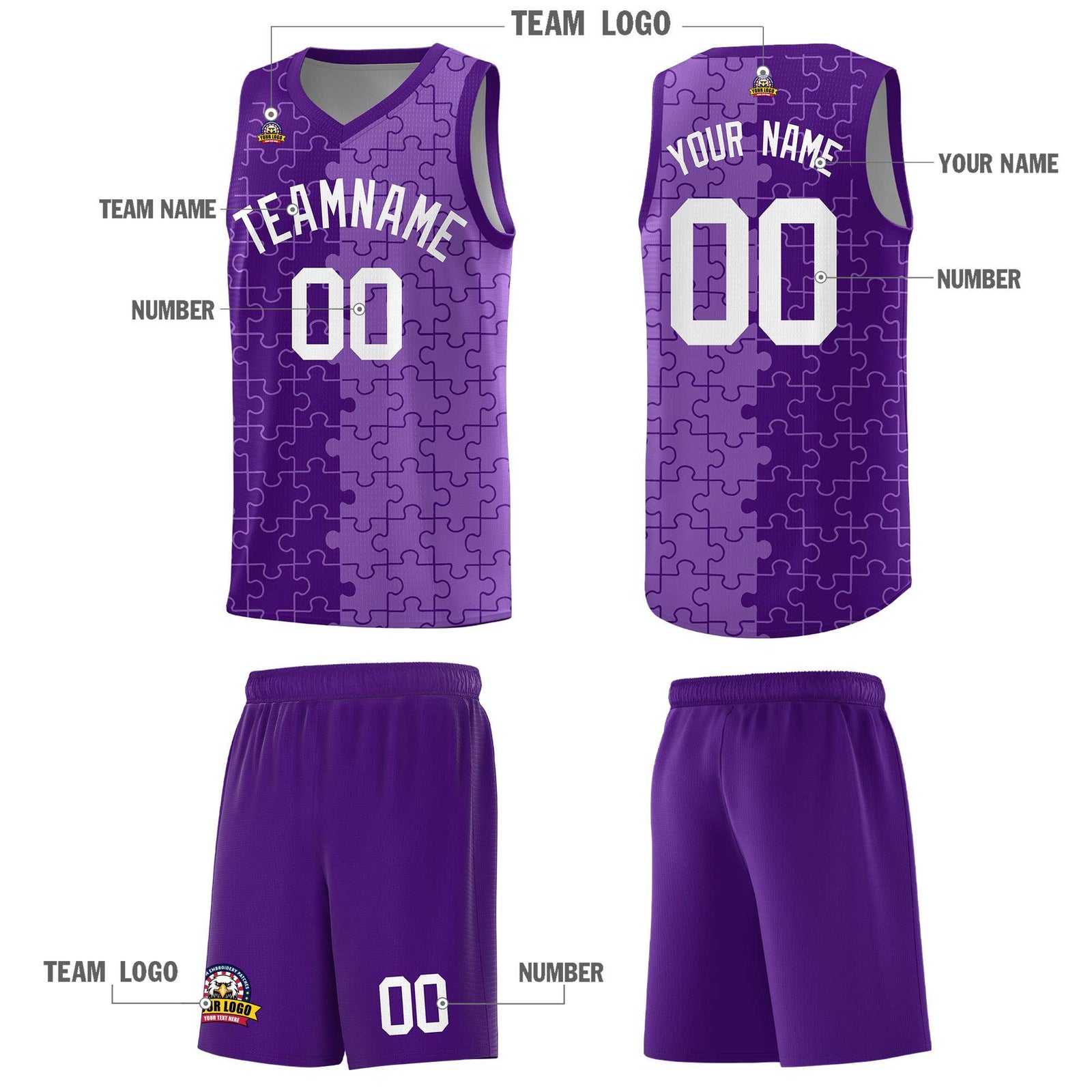 Custom Purple Light Purple Splid Basketball Kits With Puzzle Pattern