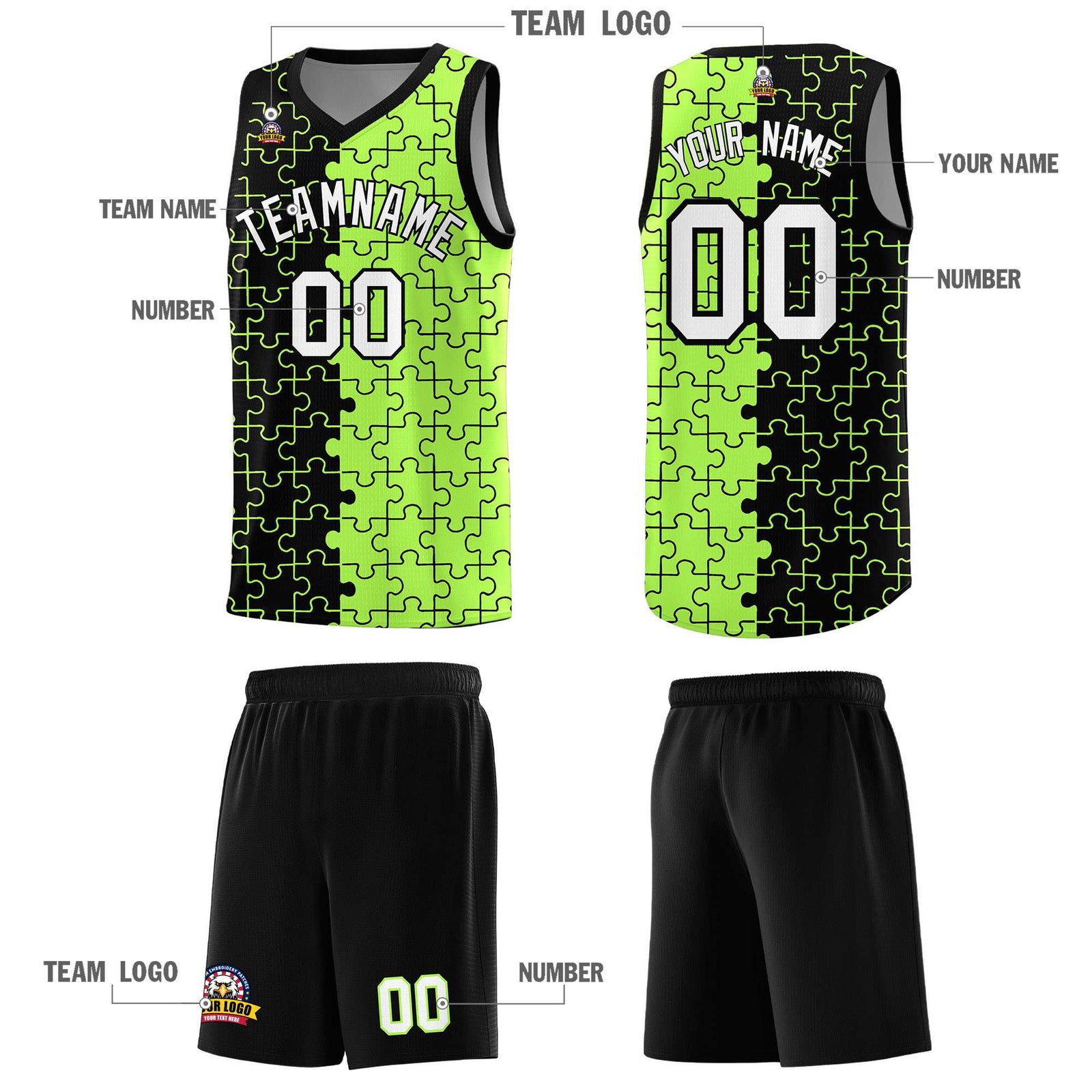 Custom Black Neon Green Splid Basketball Kits With Puzzle Pattern
