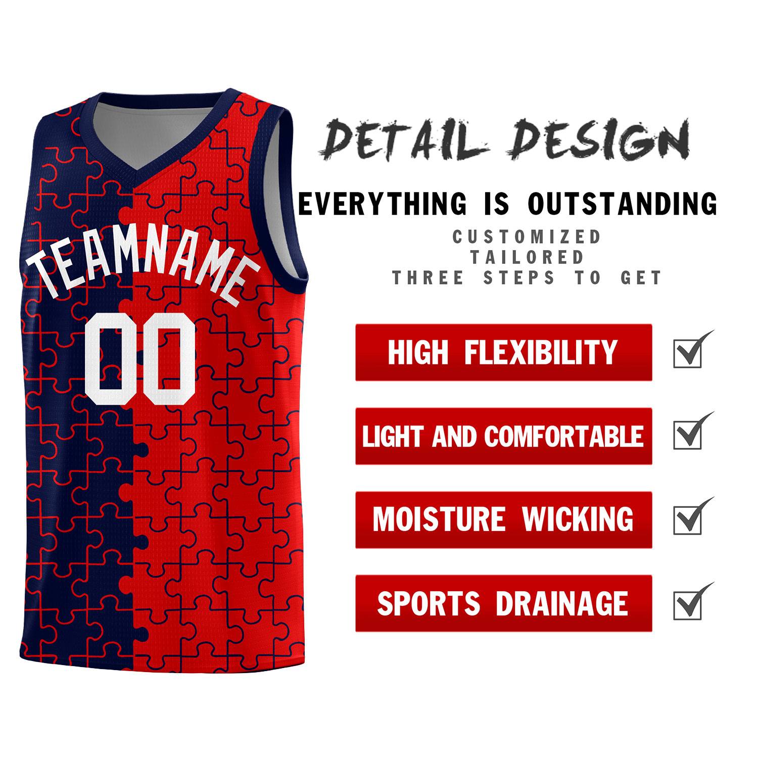 Custom Navy Red Splid Basketball Kits With Puzzle Pattern
