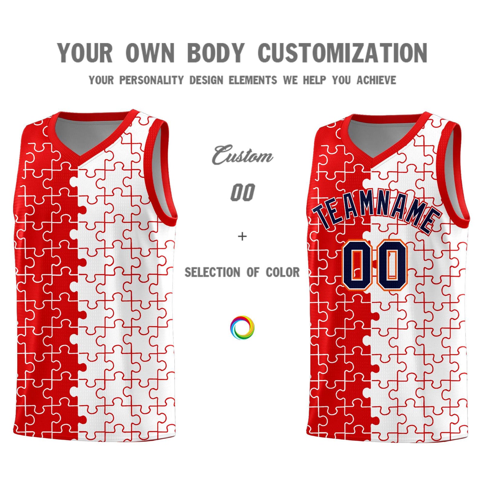 Custom Red White Splid Basketball Kits With Puzzle Pattern