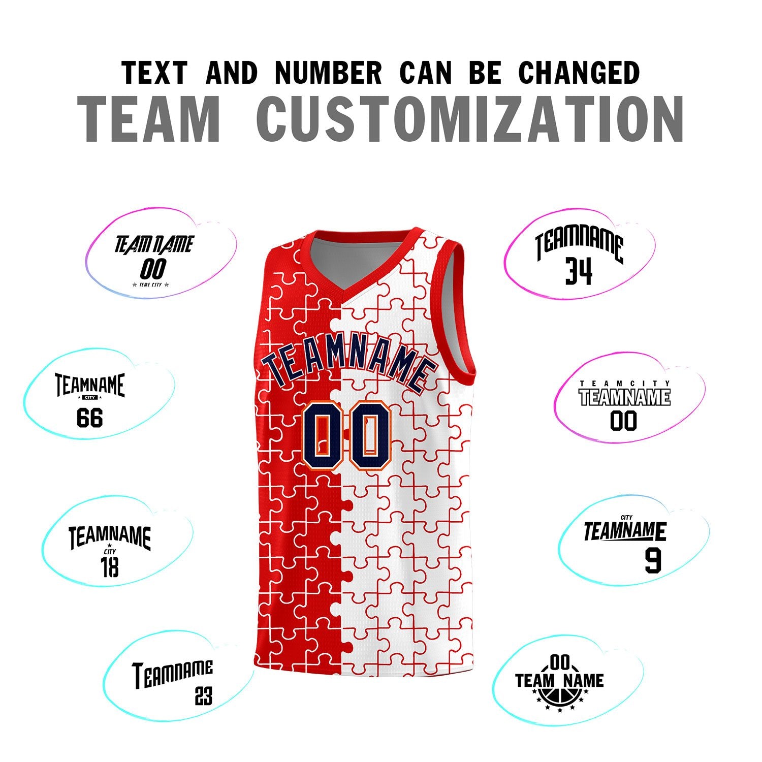 Custom Red White Splid Basketball Kits With Puzzle Pattern