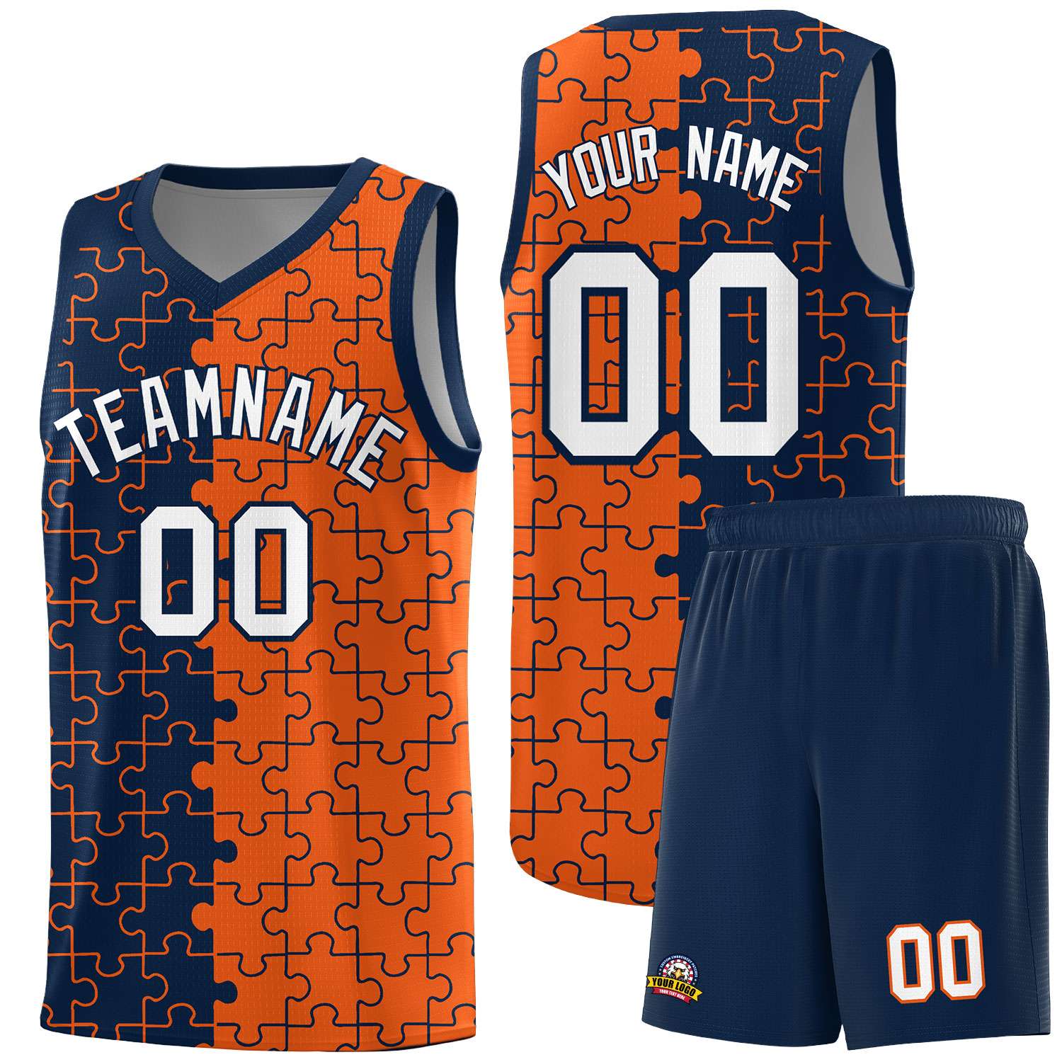 Custom Navy Orange Splid Basketball Kits With Puzzle Pattern