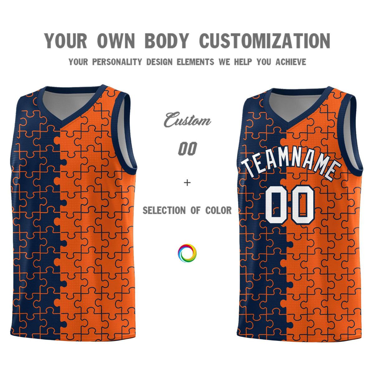 Custom Navy Orange Splid Basketball Kits With Puzzle Pattern