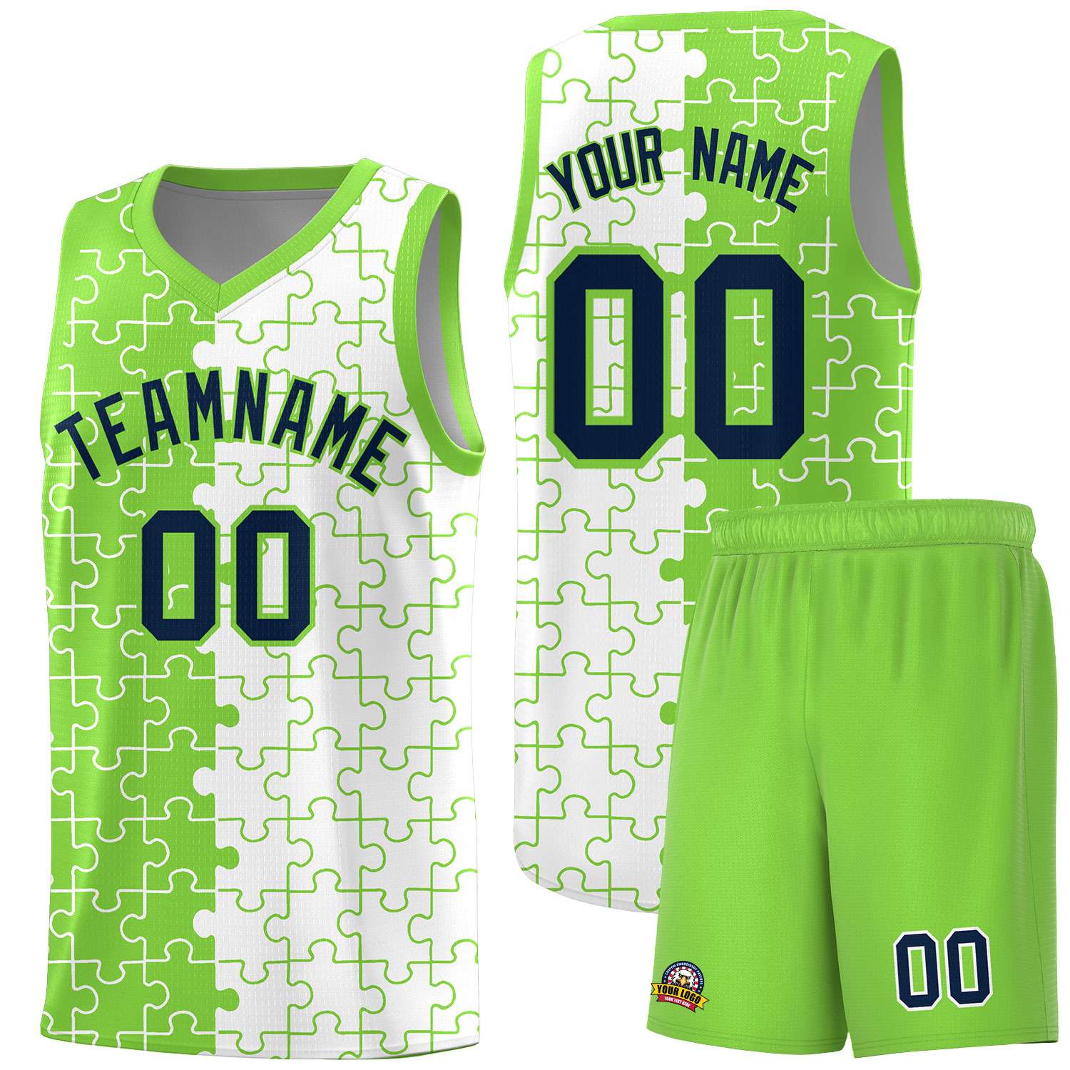 Custom Neon Green White Splid Basketball Kits With Puzzle Pattern
