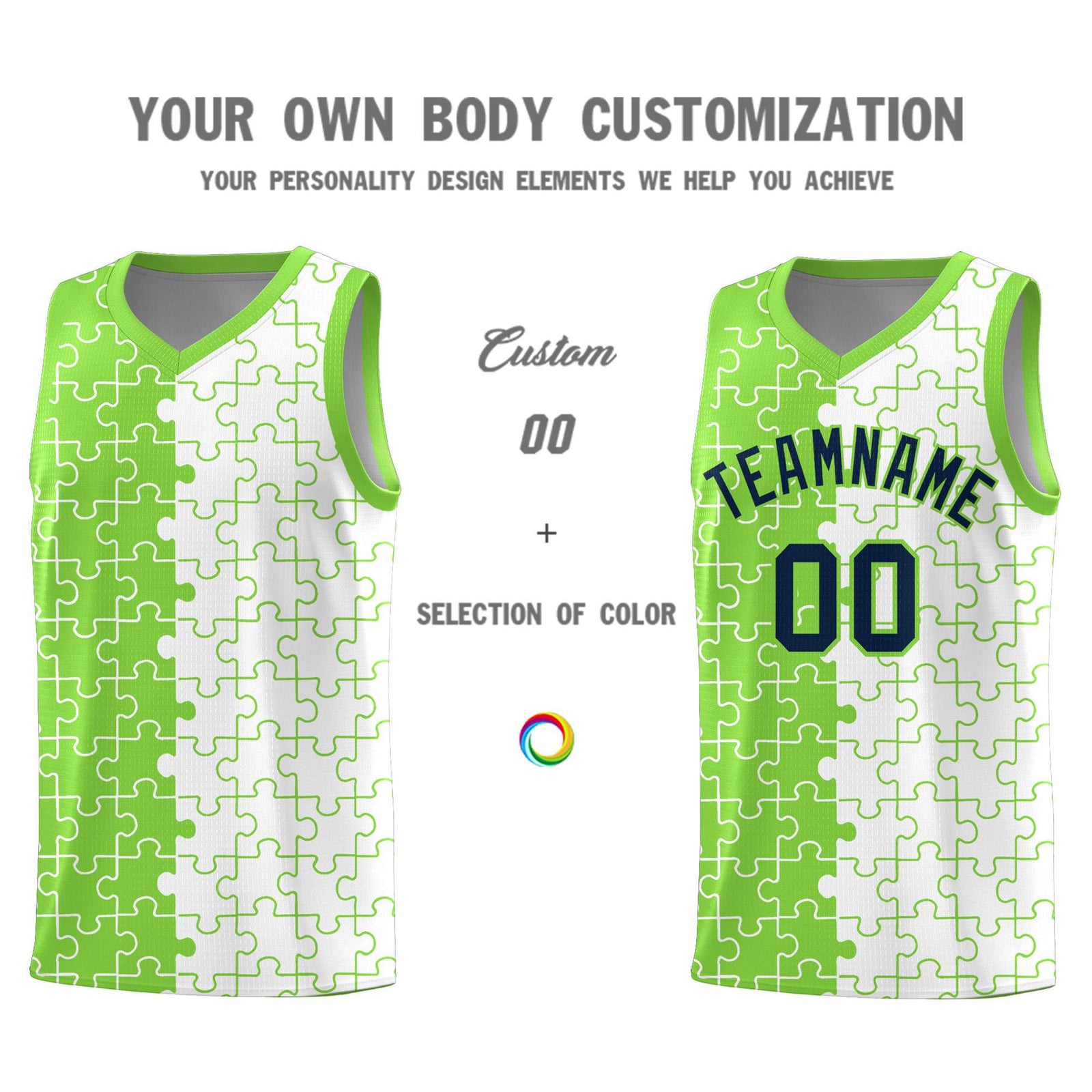 Custom Neon Green White Splid Basketball Kits With Puzzle Pattern