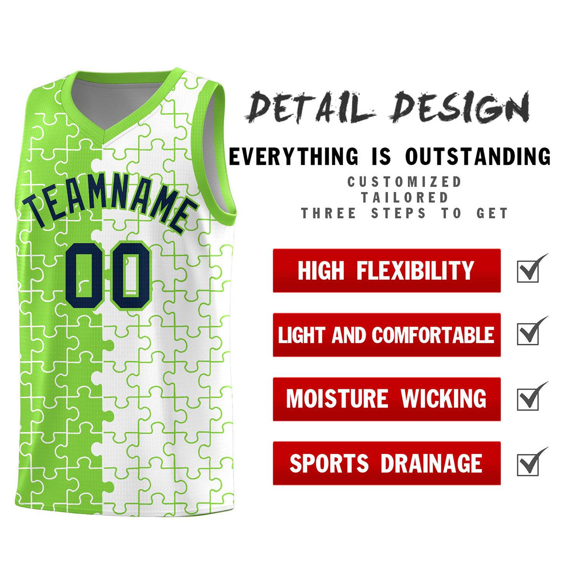 Custom Neon Green White Splid Basketball Kits With Puzzle Pattern