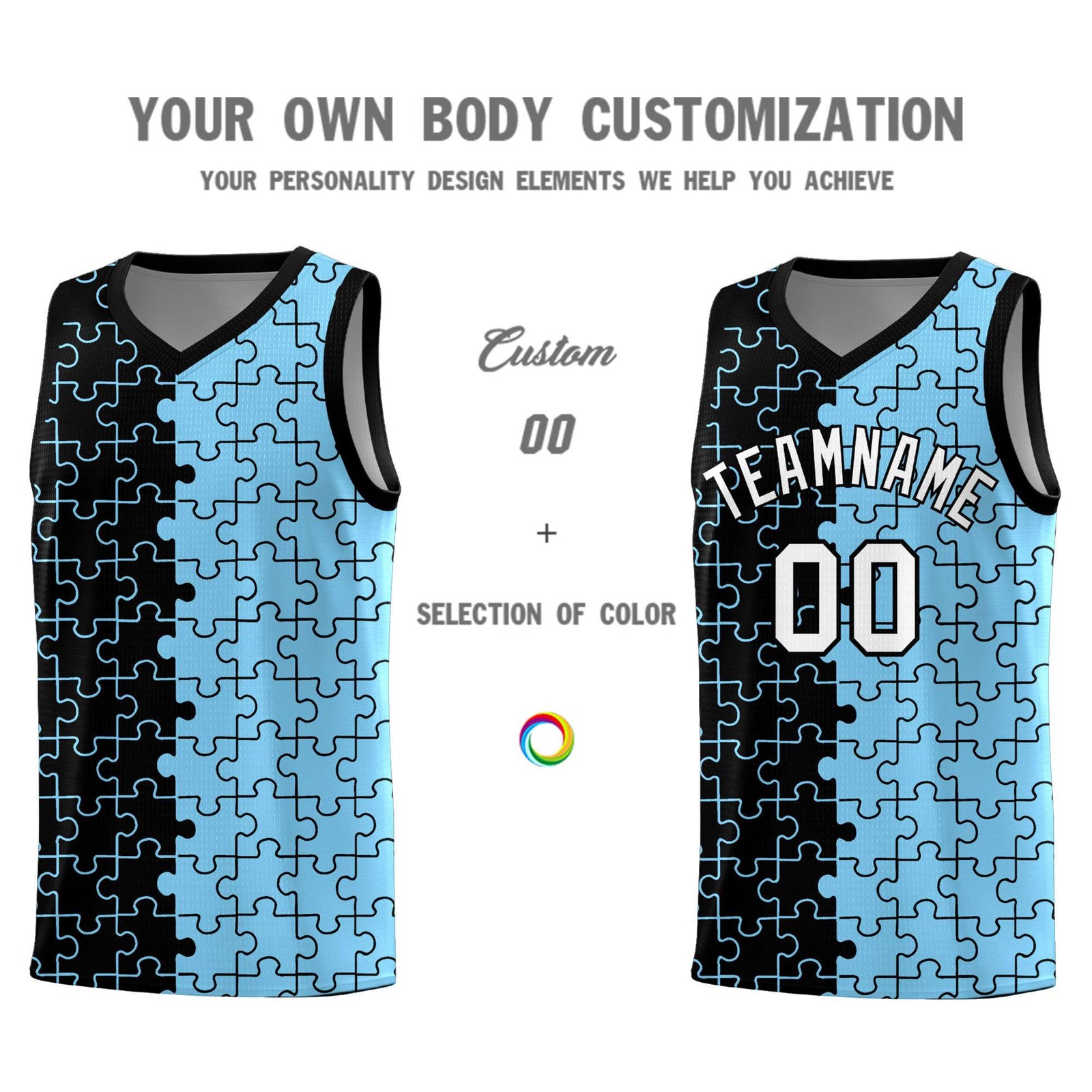 Custom Black Powder Blue Splid Basketball Kits With Puzzle Pattern