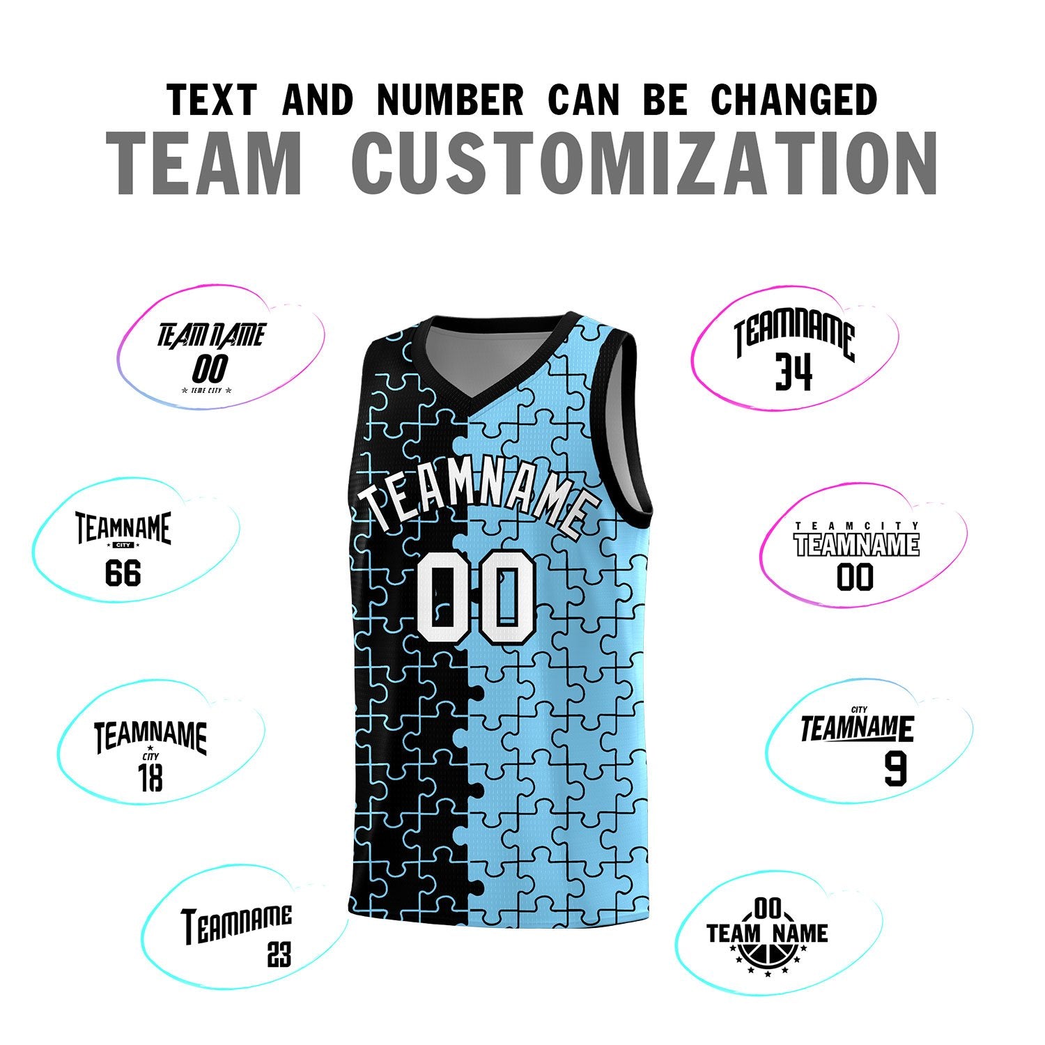 Custom Black Powder Blue Splid Basketball Kits With Puzzle Pattern