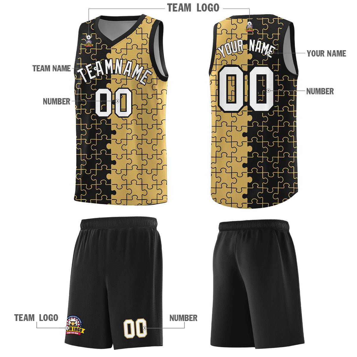 Custom Black Old Gold Splid Basketball Kits With Puzzle Pattern