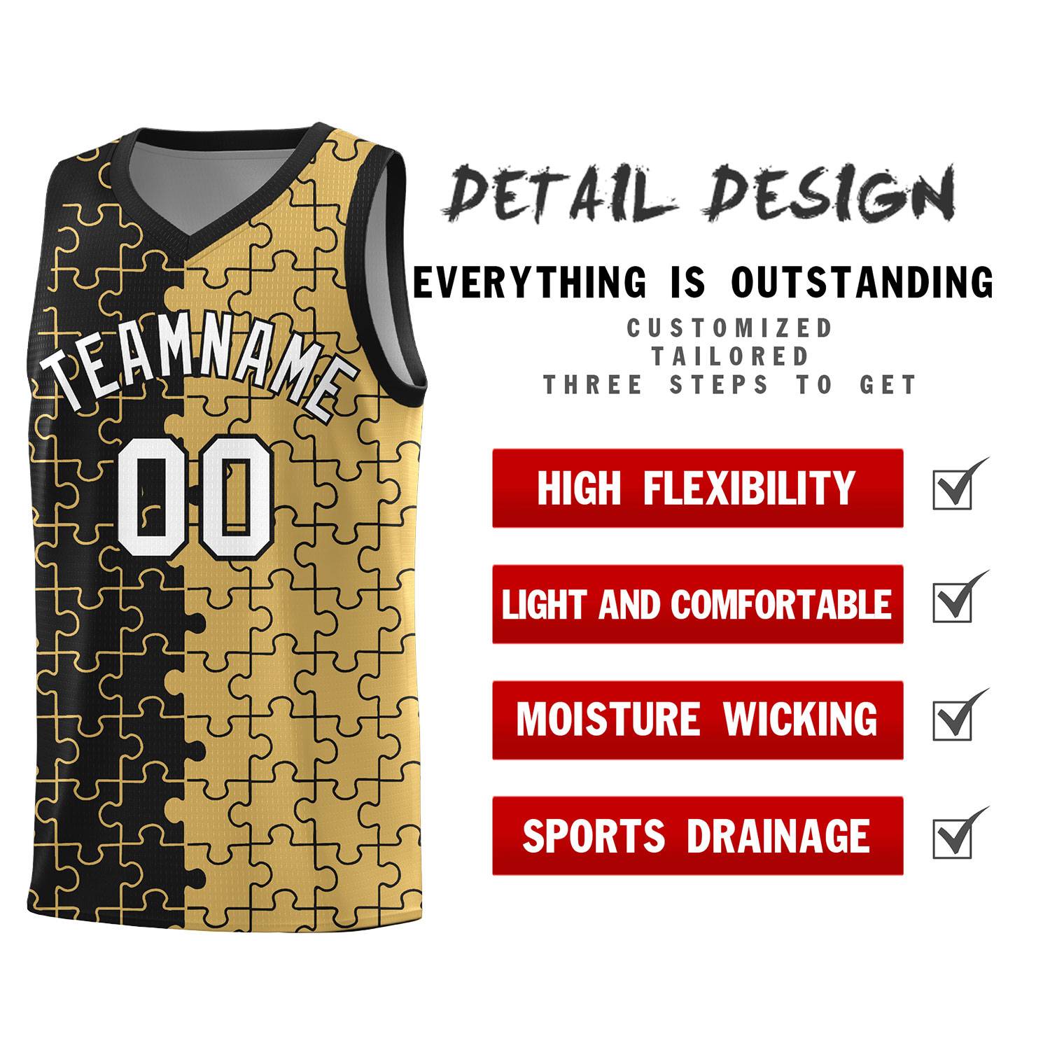 Custom Black Old Gold Splid Basketball Kits With Puzzle Pattern