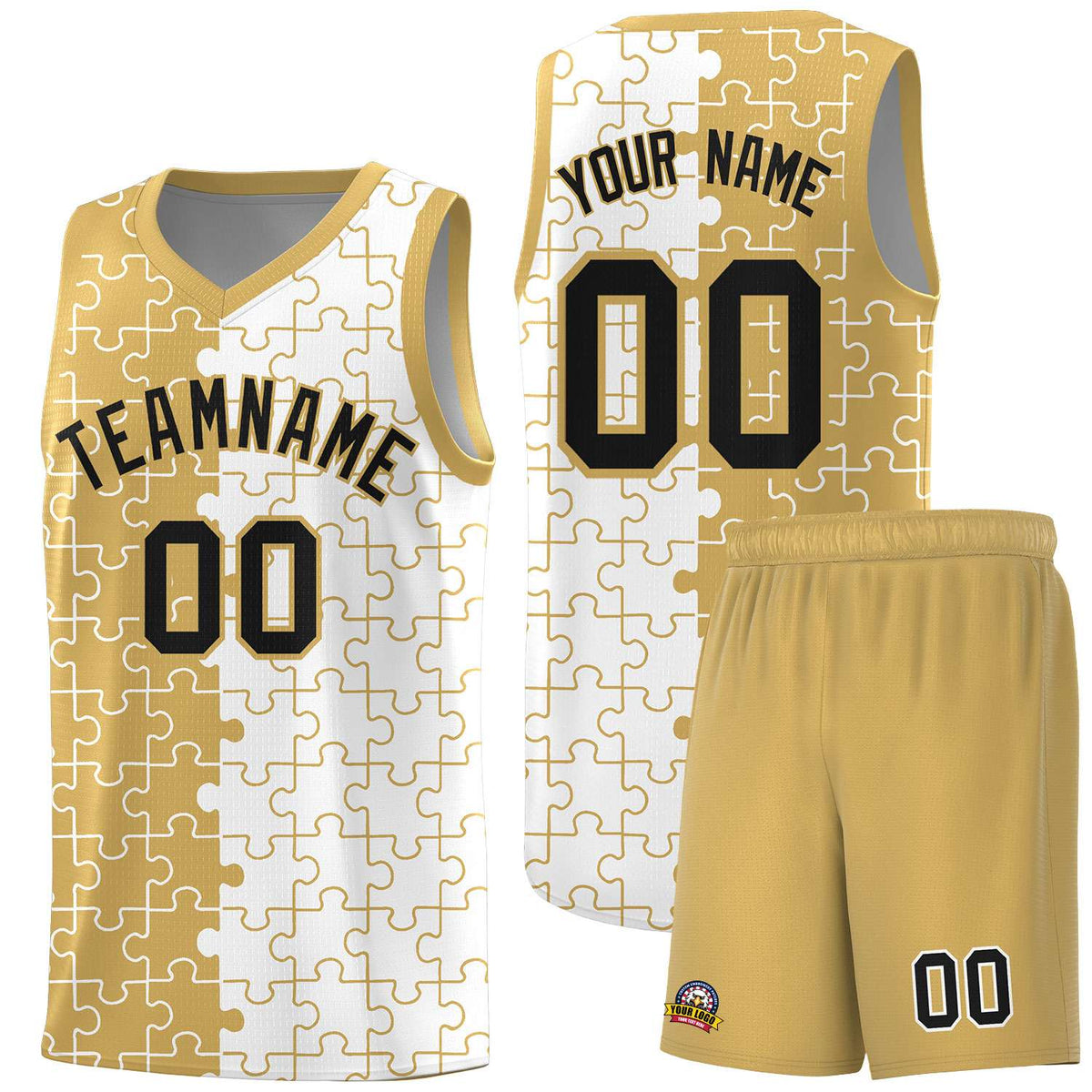 Custom Old Gold White Splid Basketball Kits With Puzzle Pattern