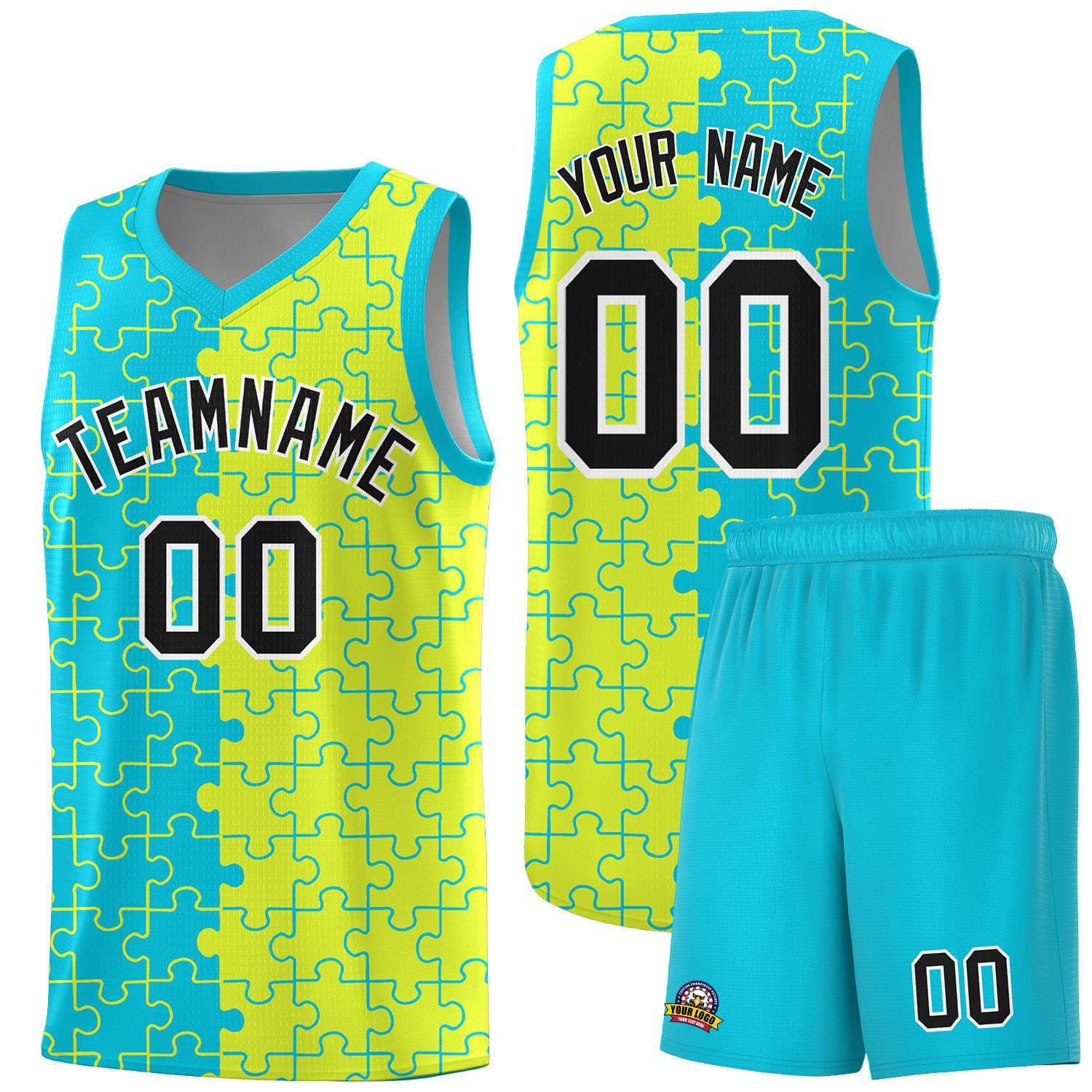 Custom Sky Blue Fluorescent Green Splid Basketball Kits With Puzzle Pattern
