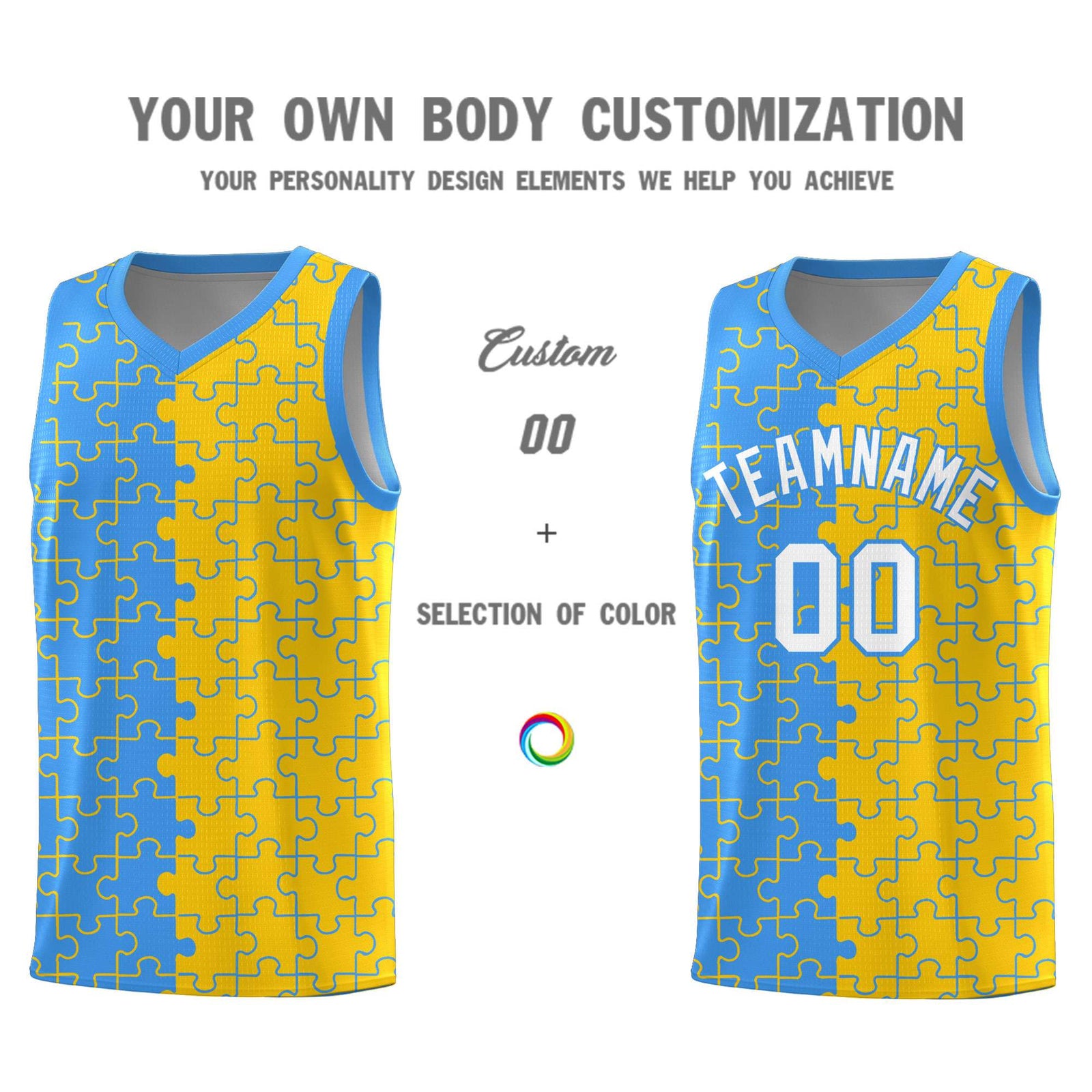 Custom Light Blue Gold Splid Basketball Kits With Puzzle Pattern