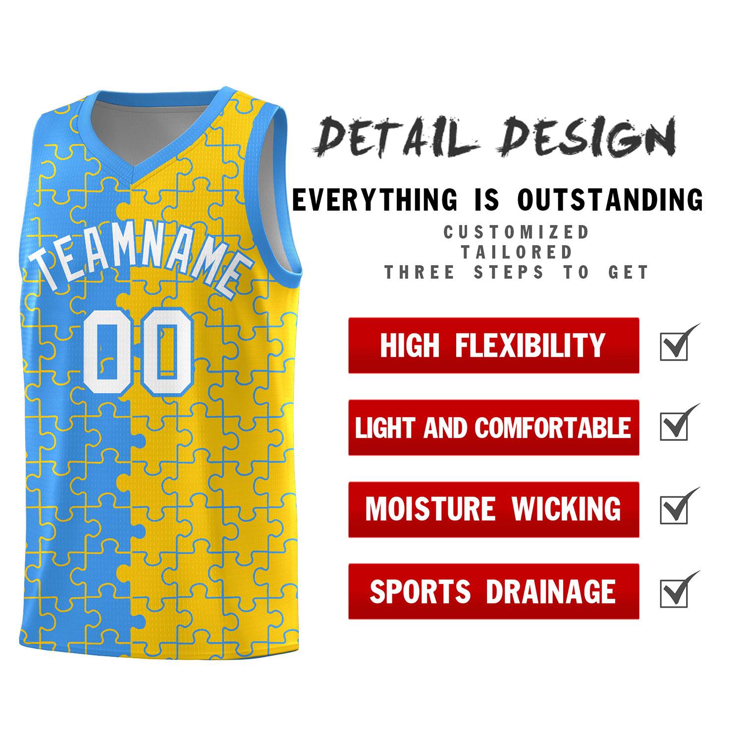Custom Light Blue Gold Splid Basketball Kits With Puzzle Pattern