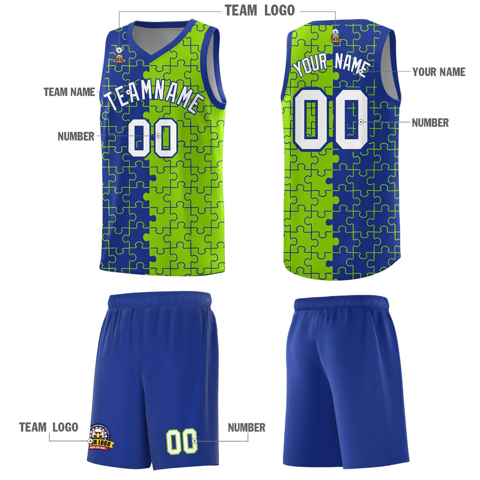 Custom Royal Neon Green Splid Basketball Kits With Puzzle Pattern
