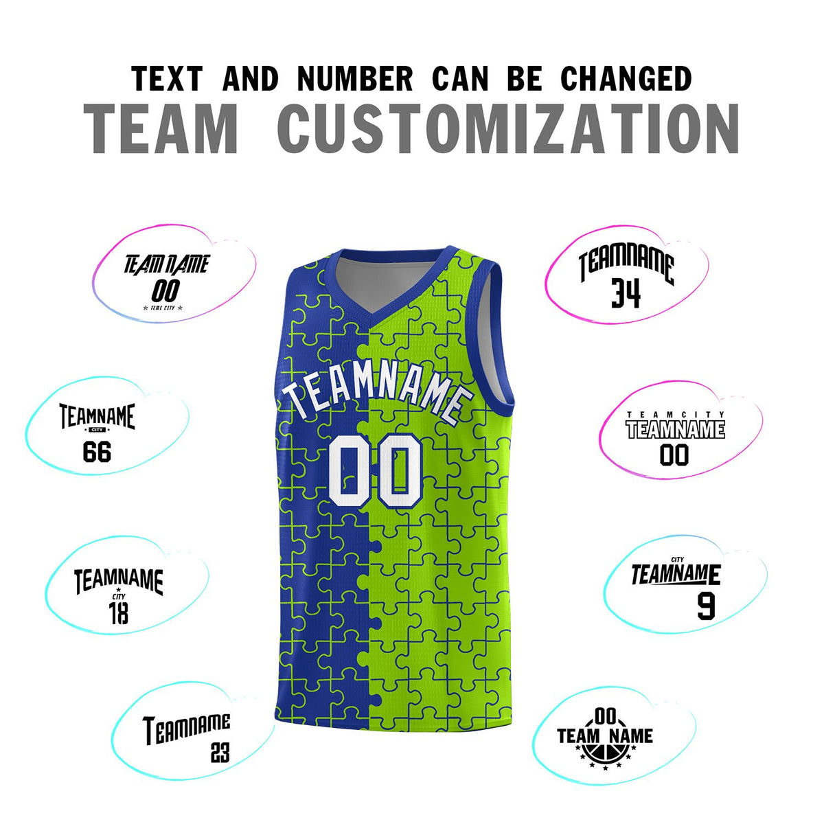 Custom Royal Neon Green Splid Basketball Kits With Puzzle Pattern