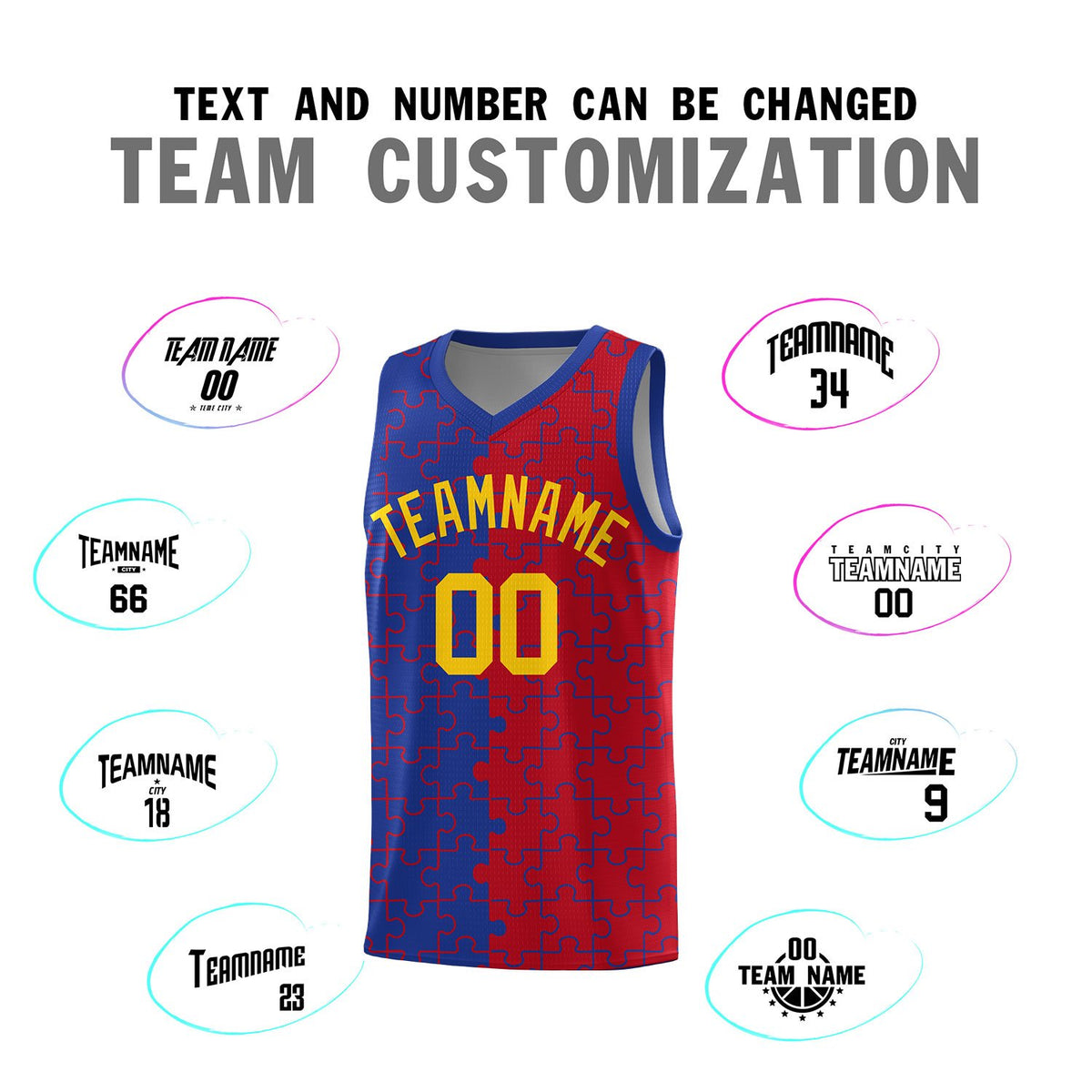 Custom Royal Red Splid Basketball Kits With Puzzle Pattern